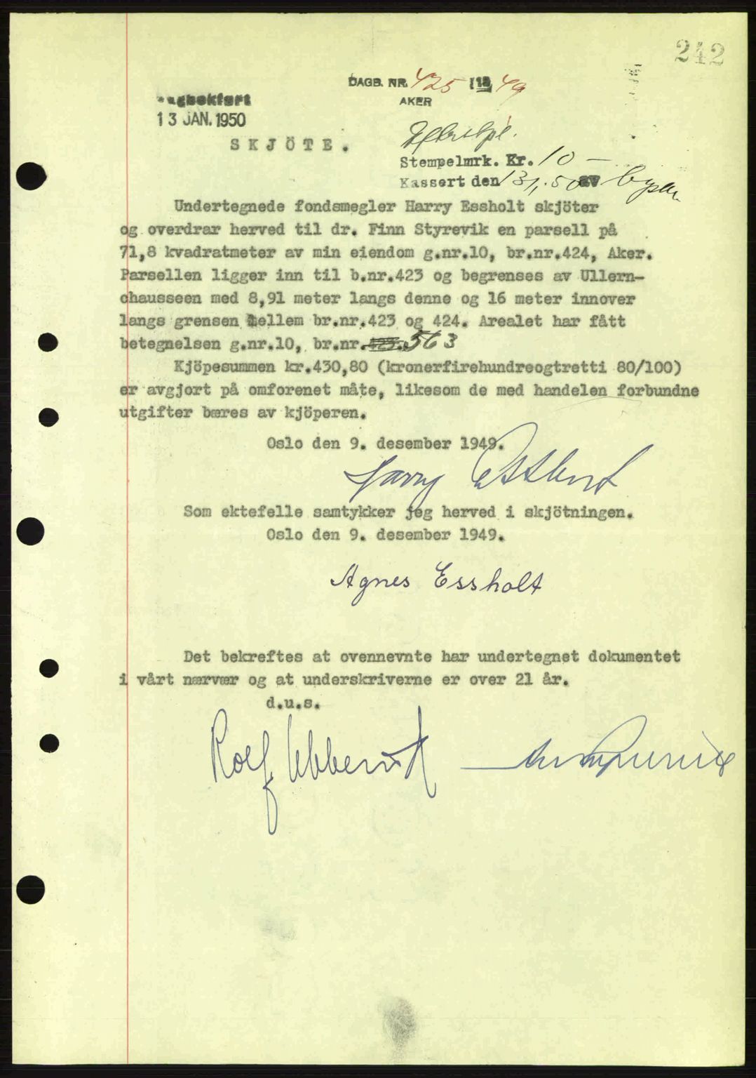 Oslo byskriverembete, AV/SAO-A-10227/G/Gb/Gbd/Gbda/L0017: Mortgage book no. A215, 1949-1950, Diary no: : 425/1950
