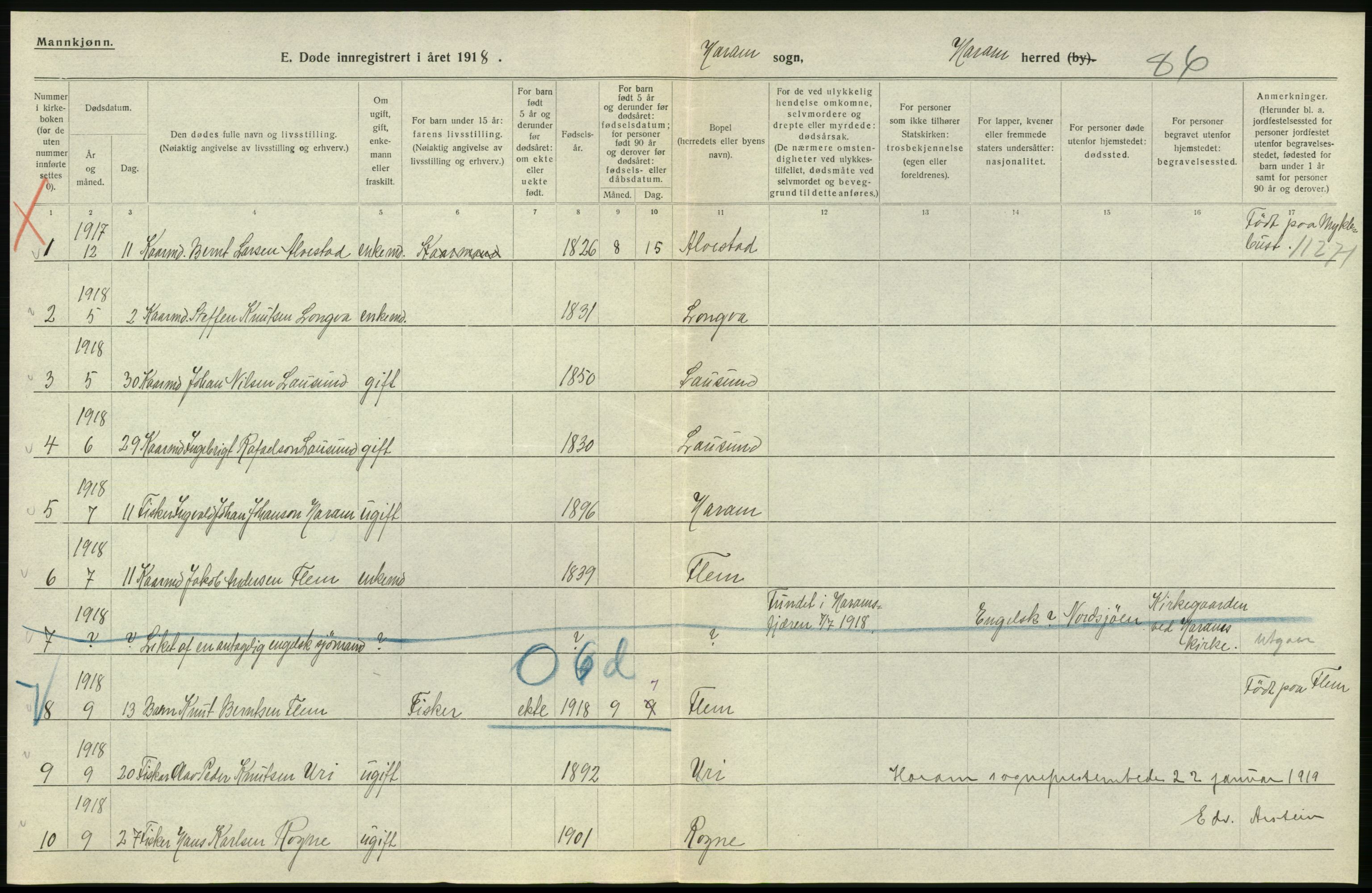 Statistisk sentralbyrå, Sosiodemografiske emner, Befolkning, RA/S-2228/D/Df/Dfb/Dfbh/L0045: Møre fylke: Døde. Bygder og byer., 1918, p. 374