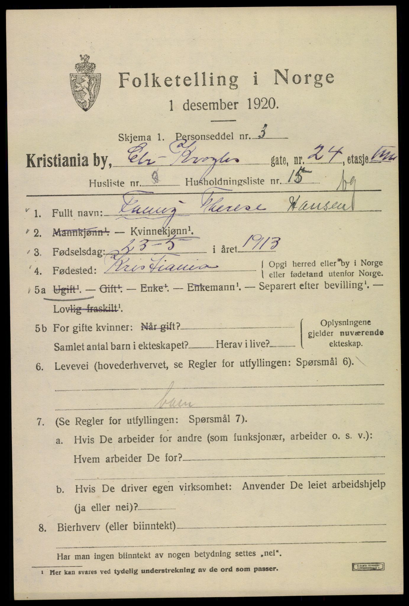 SAO, 1920 census for Kristiania, 1920, p. 184011