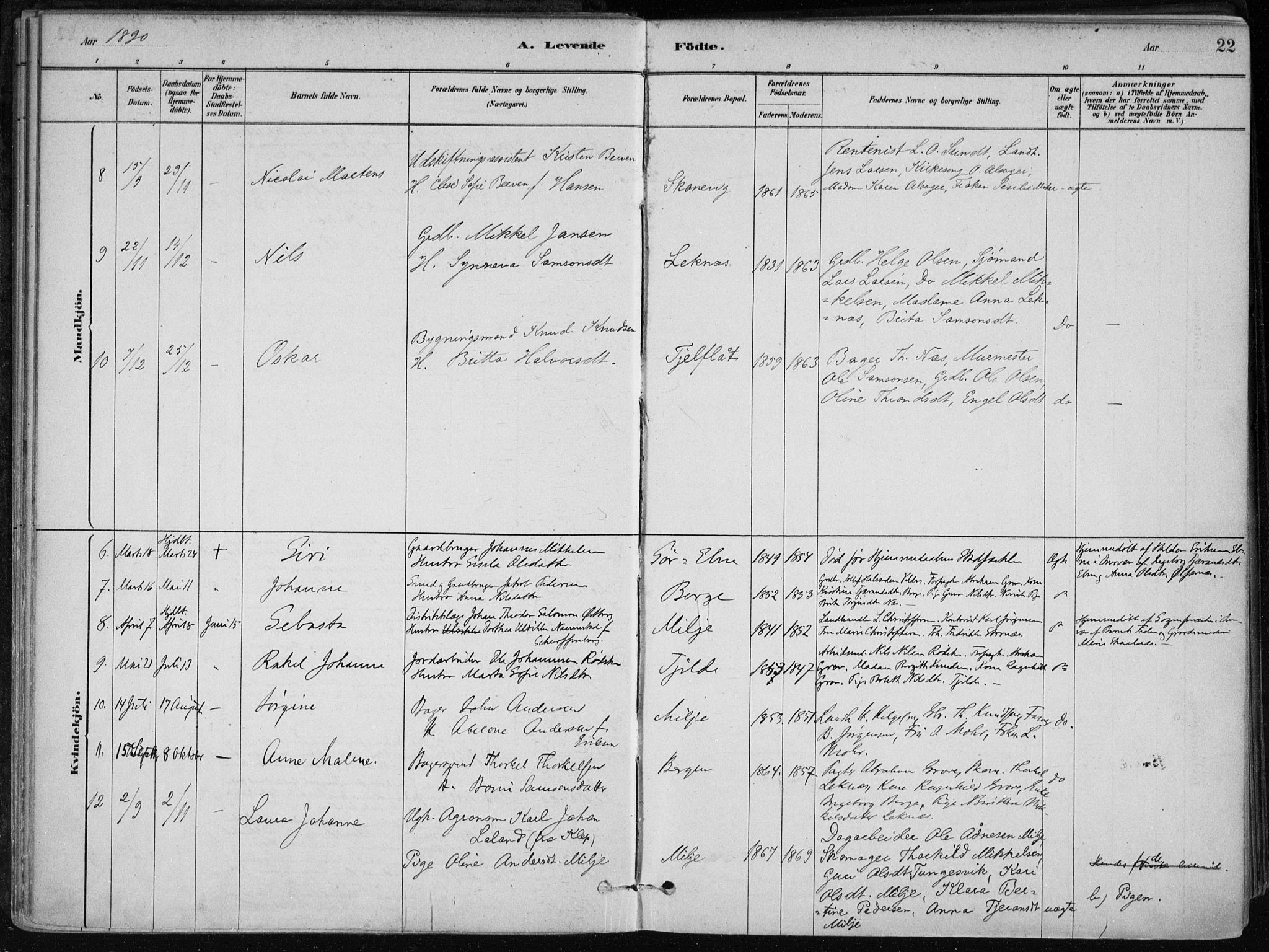 Skånevik sokneprestembete, SAB/A-77801/H/Haa: Parish register (official) no. B 1, 1879-1914, p. 22