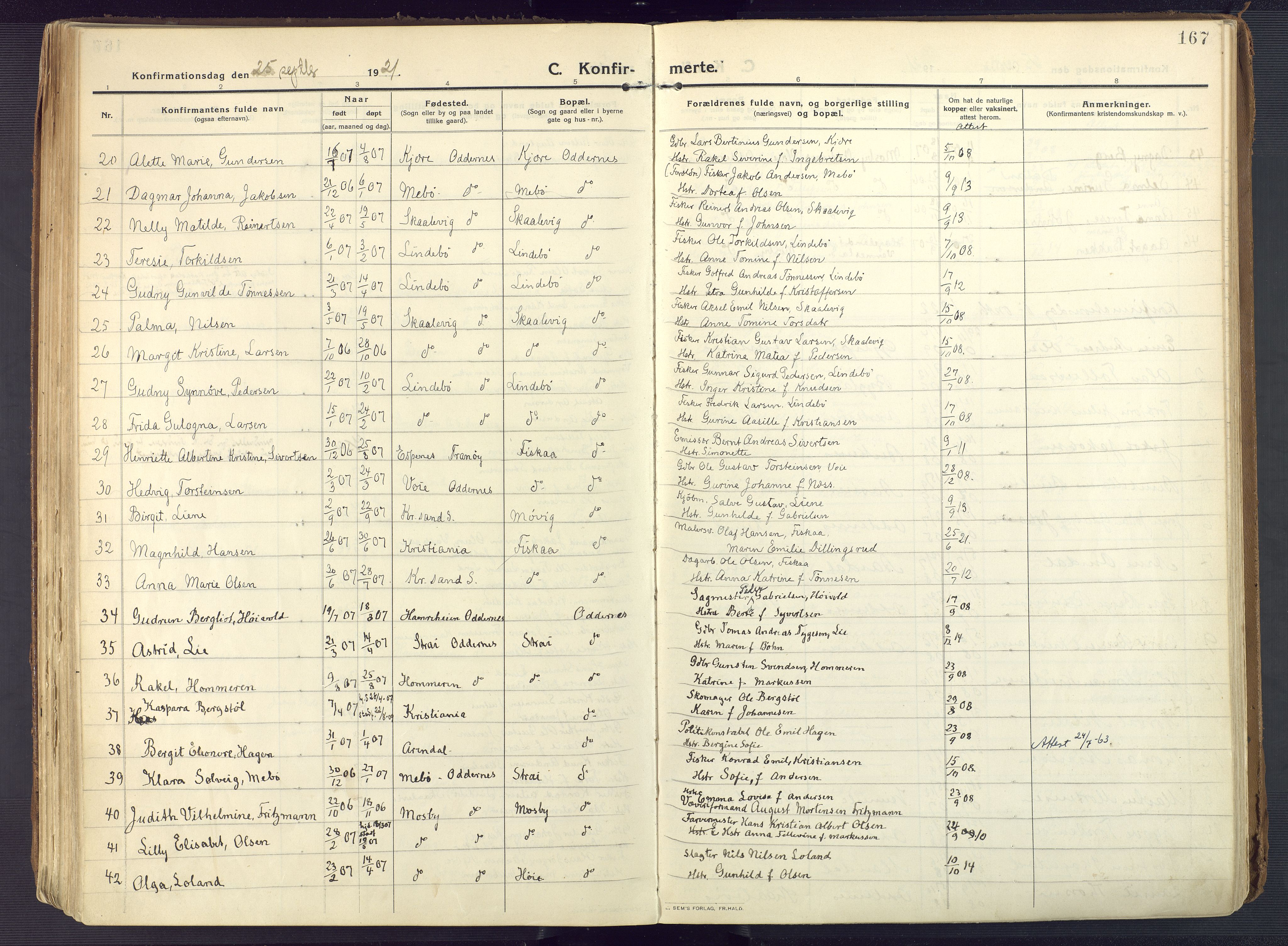 Oddernes sokneprestkontor, AV/SAK-1111-0033/F/Fa/Faa/L0012: Parish register (official) no. A 12, 1912-1925, p. 167