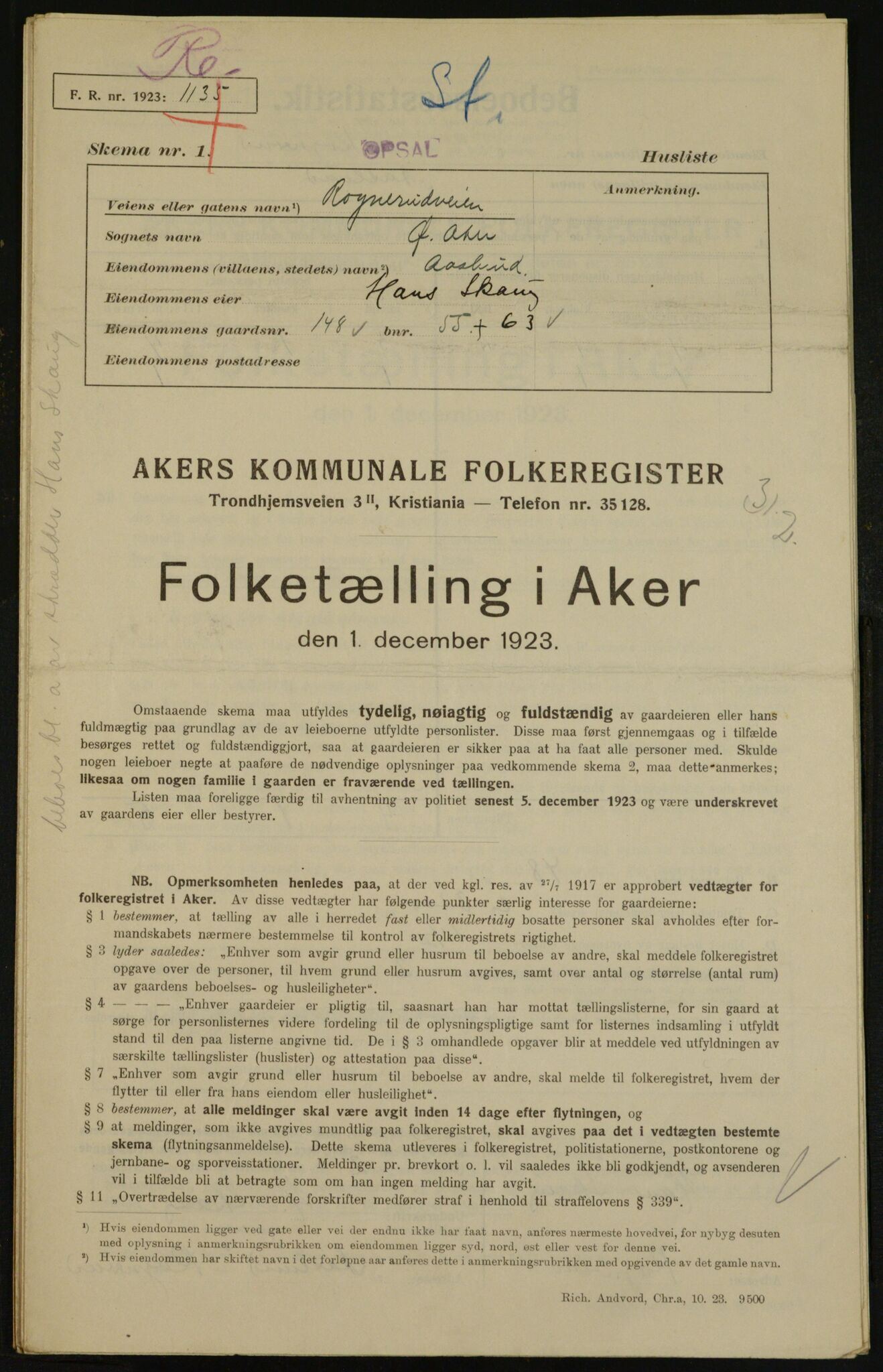 , Municipal Census 1923 for Aker, 1923, p. 29690