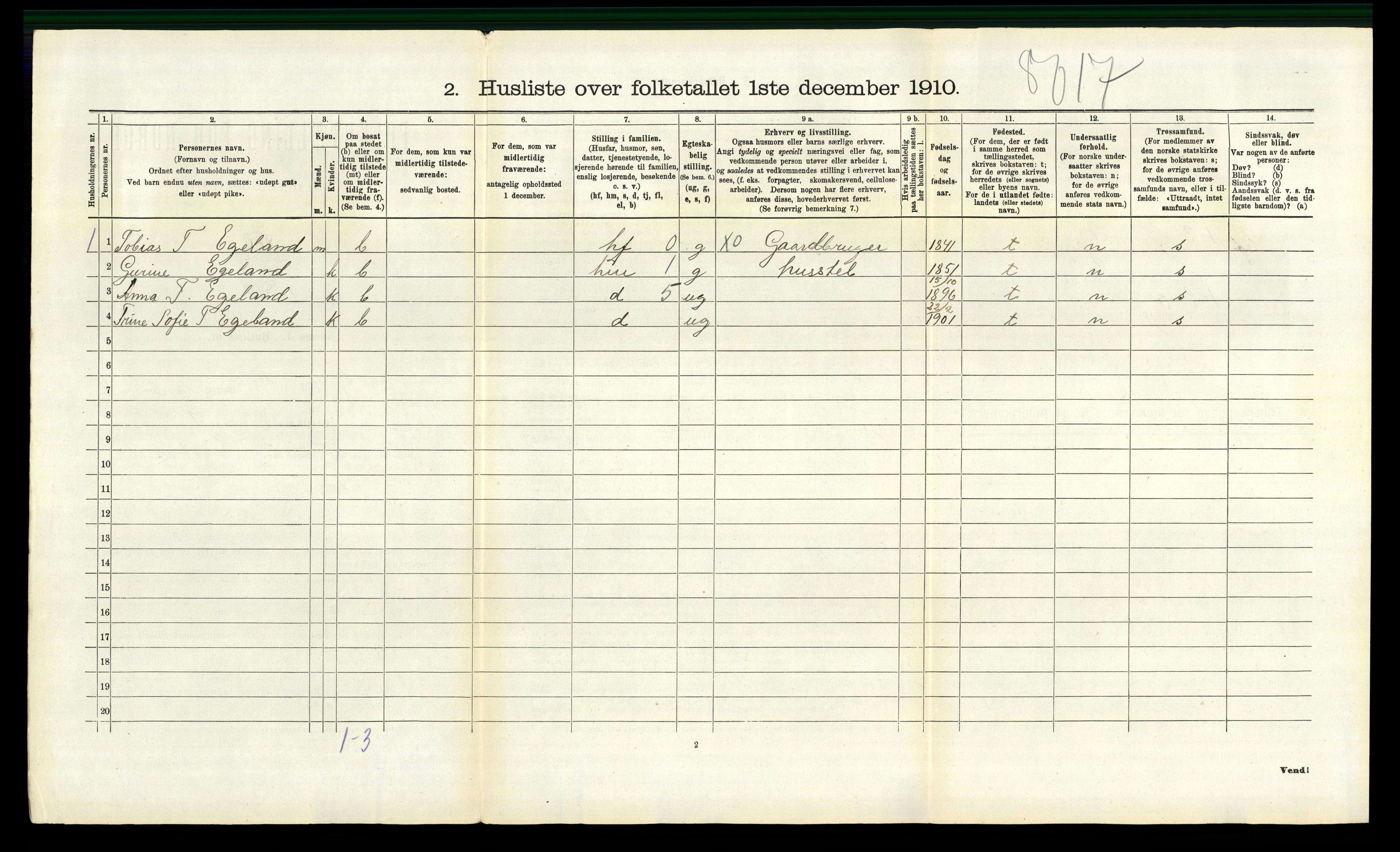 RA, 1910 census for Fjotland, 1910, p. 189