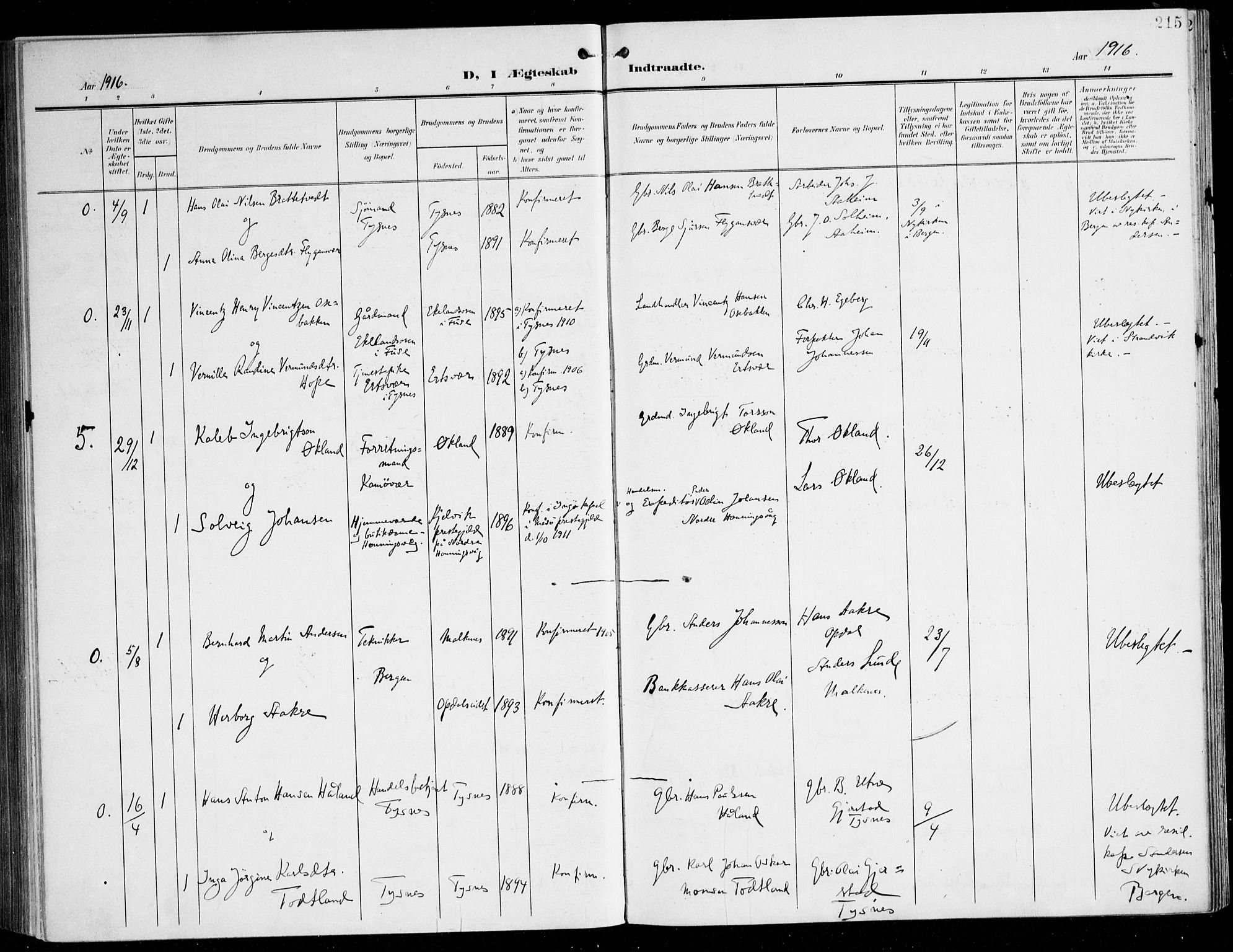 Tysnes sokneprestembete, SAB/A-78601/H/Haa: Parish register (official) no. D 2, 1905-1922, p. 215