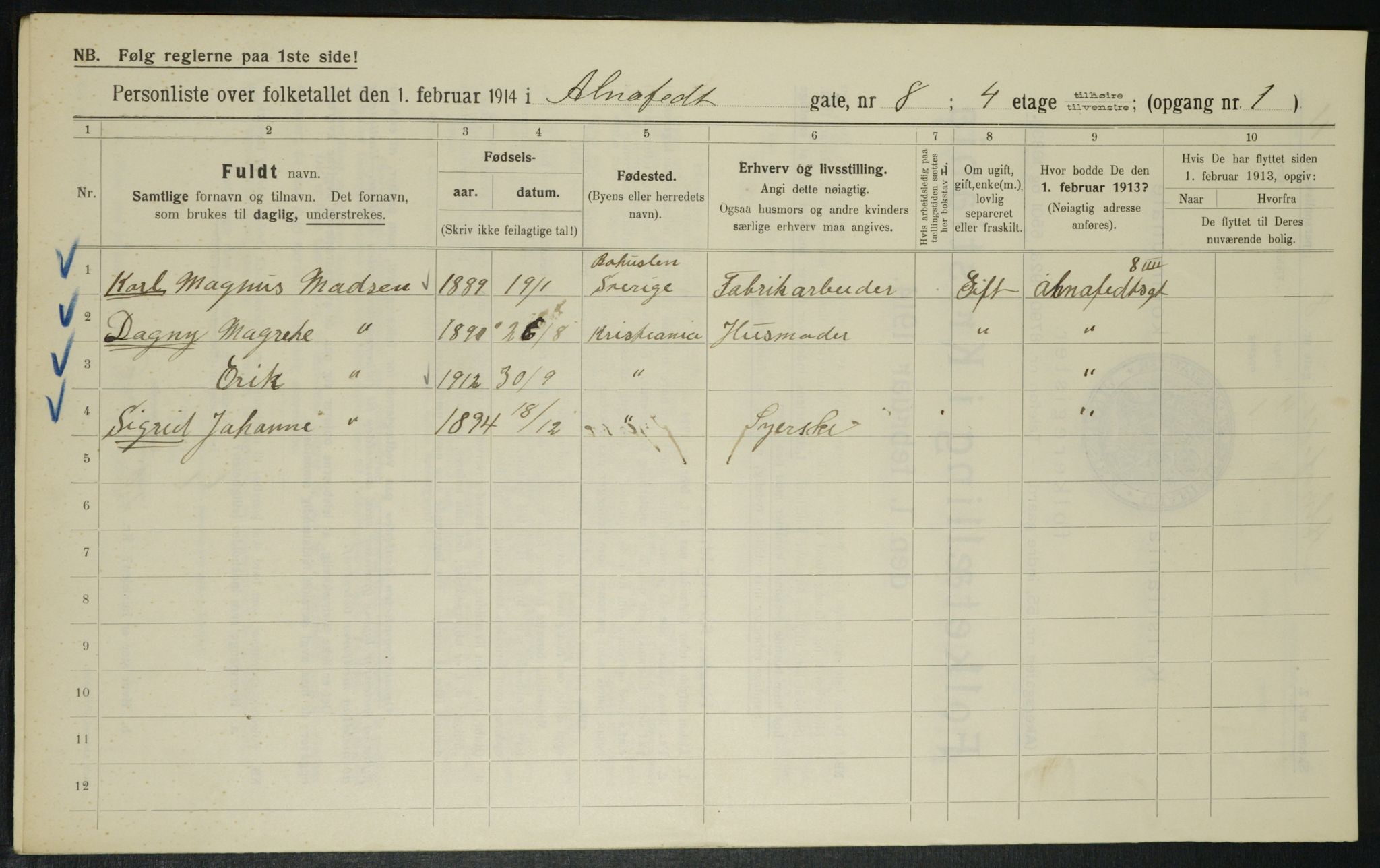 OBA, Municipal Census 1914 for Kristiania, 1914, p. 1165