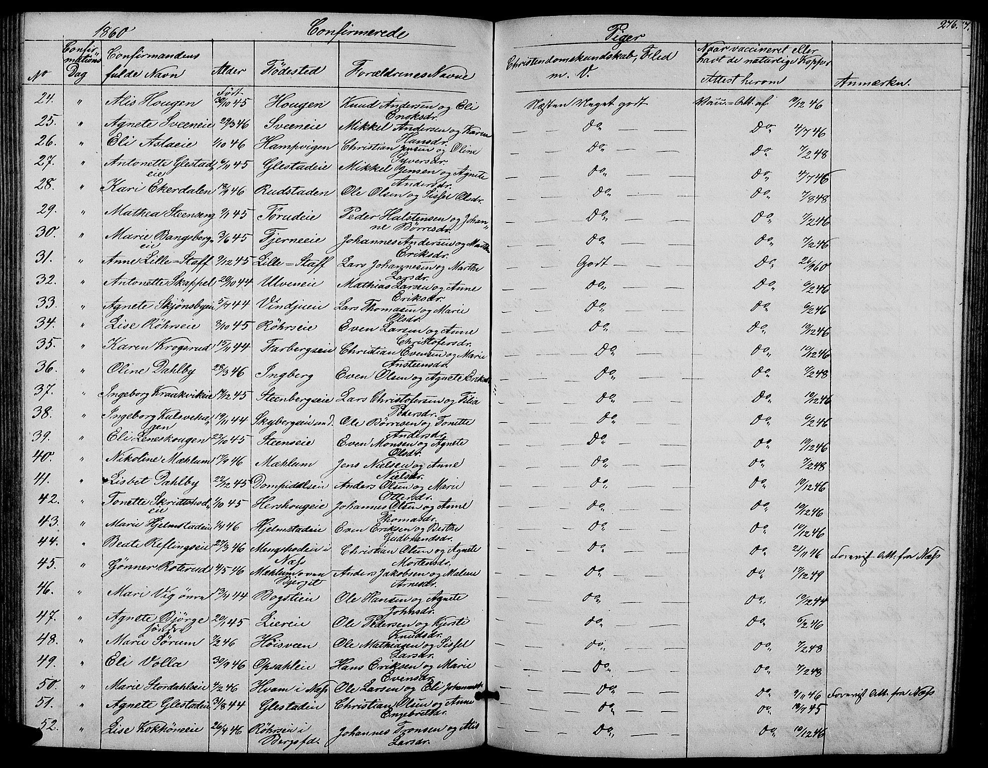 Ringsaker prestekontor, AV/SAH-PREST-014/L/La/L0006: Parish register (copy) no. 6, 1851-1860, p. 276