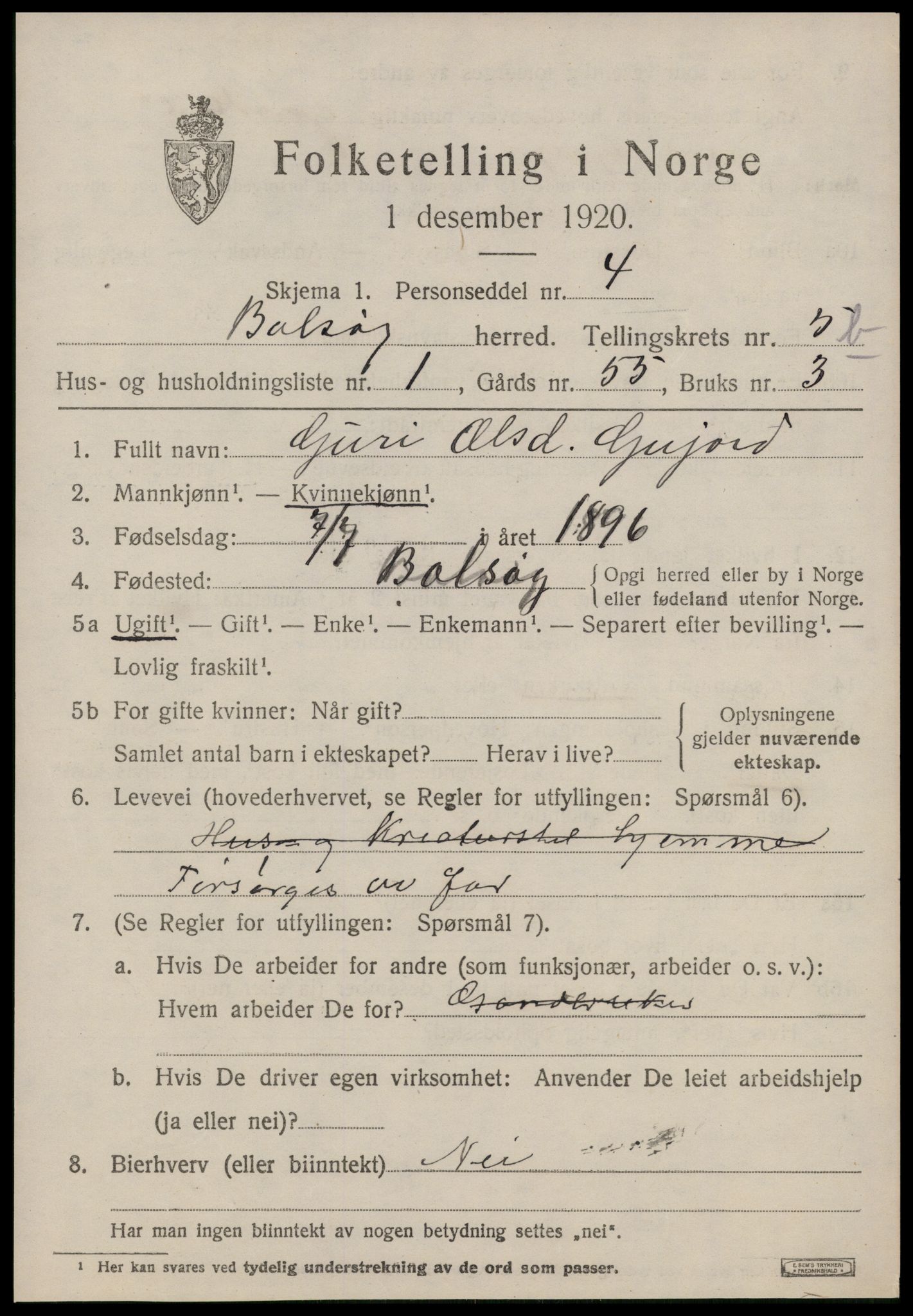 SAT, 1920 census for Bolsøy, 1920, p. 7551