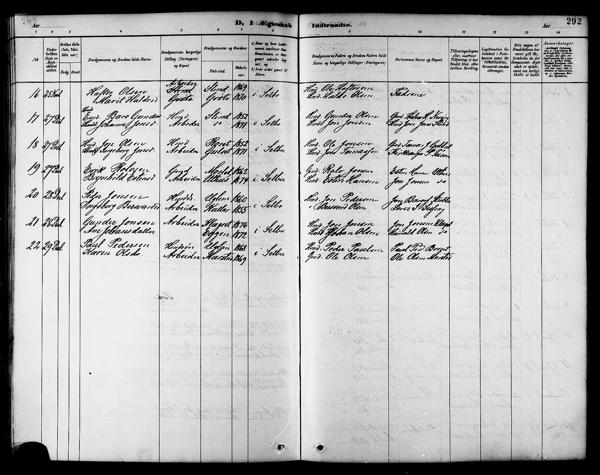 Ministerialprotokoller, klokkerbøker og fødselsregistre - Sør-Trøndelag, AV/SAT-A-1456/695/L1157: Parish register (copy) no. 695C08, 1889-1913, p. 292