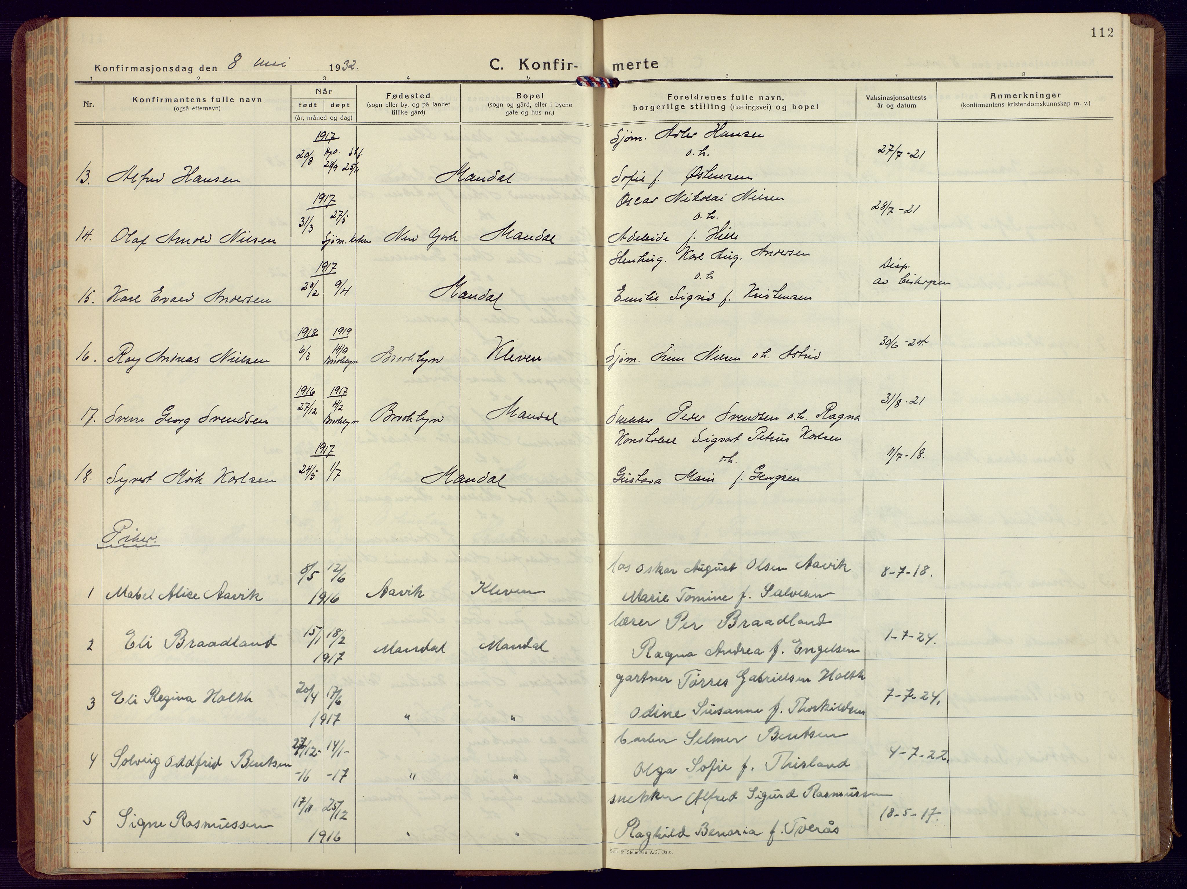 Mandal sokneprestkontor, AV/SAK-1111-0030/F/Fb/Fbc/L0002: Parish register (copy) no. B 2, 1931-1949, p. 112