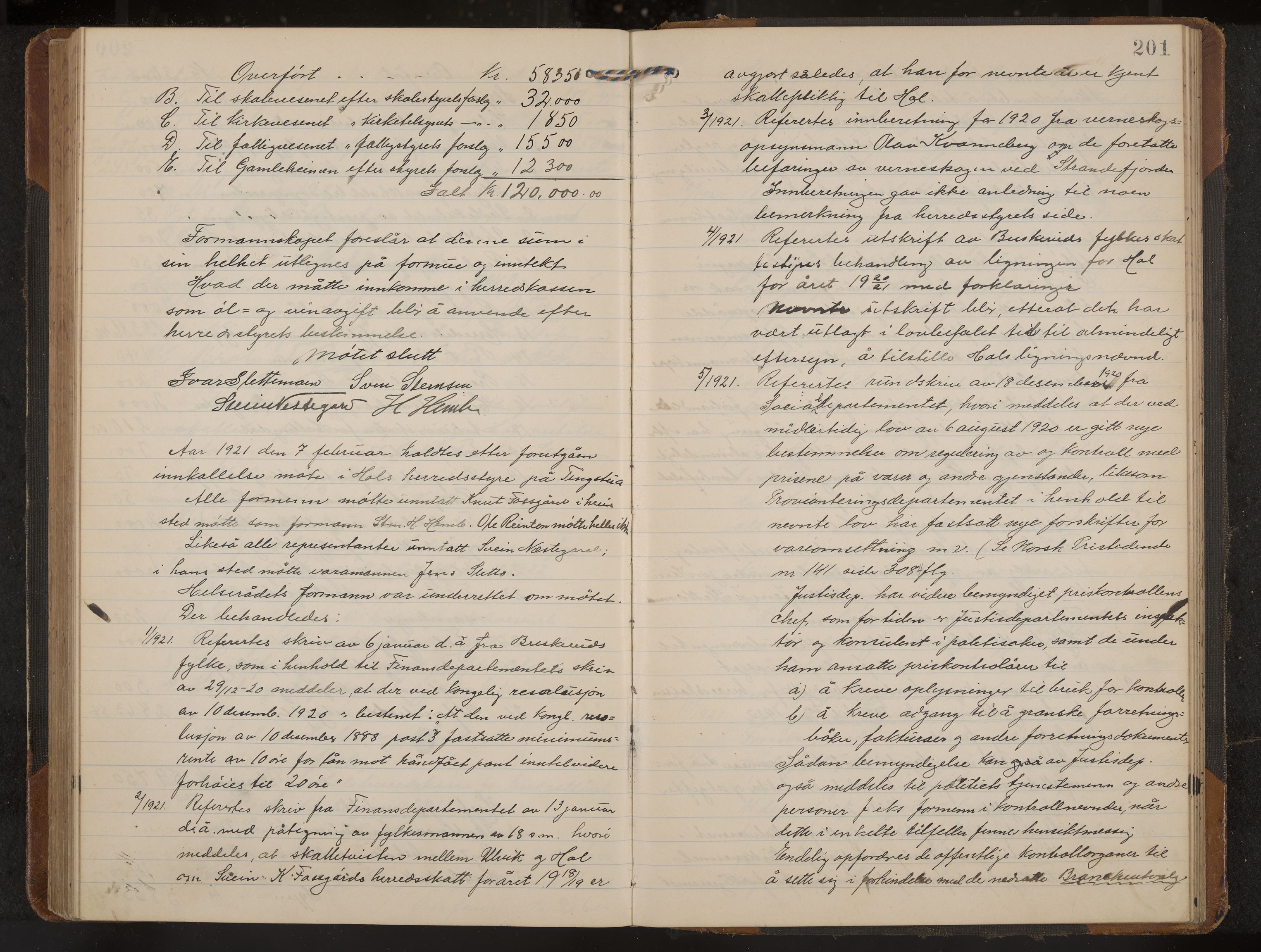 Hol formannskap og sentraladministrasjon, IKAK/0620021-1/A/L0006: Møtebok, 1916-1922, p. 201