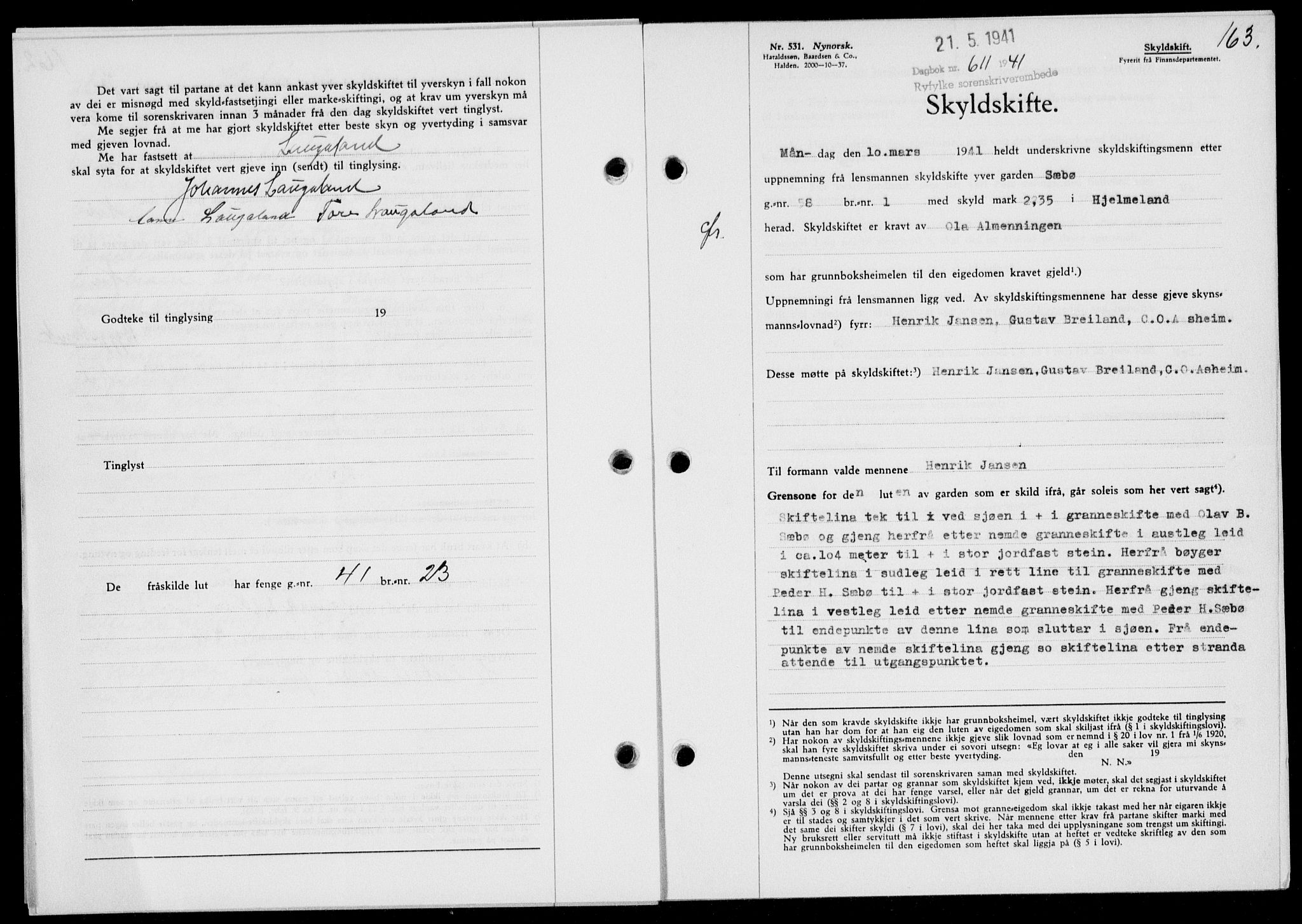 Ryfylke tingrett, SAST/A-100055/001/II/IIB/L0085: Mortgage book no. 64, 1941-1941, Diary no: : 611/1941