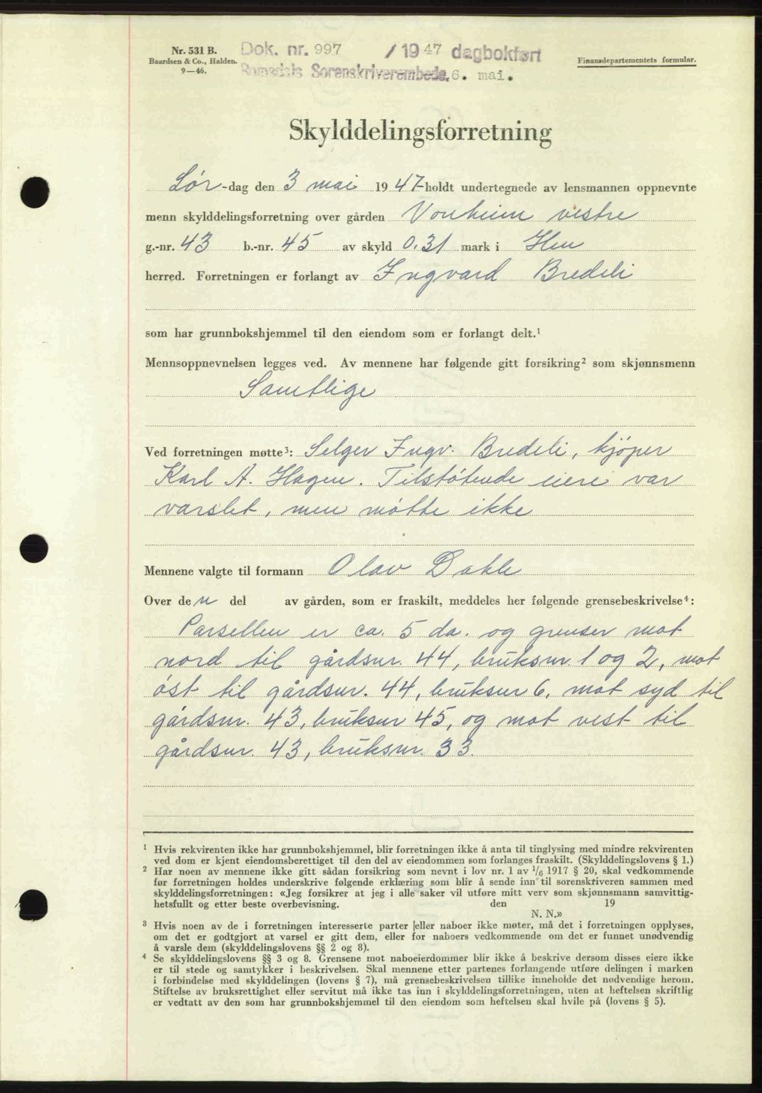 Romsdal sorenskriveri, SAT/A-4149/1/2/2C: Mortgage book no. A22, 1947-1947, Diary no: : 997/1947