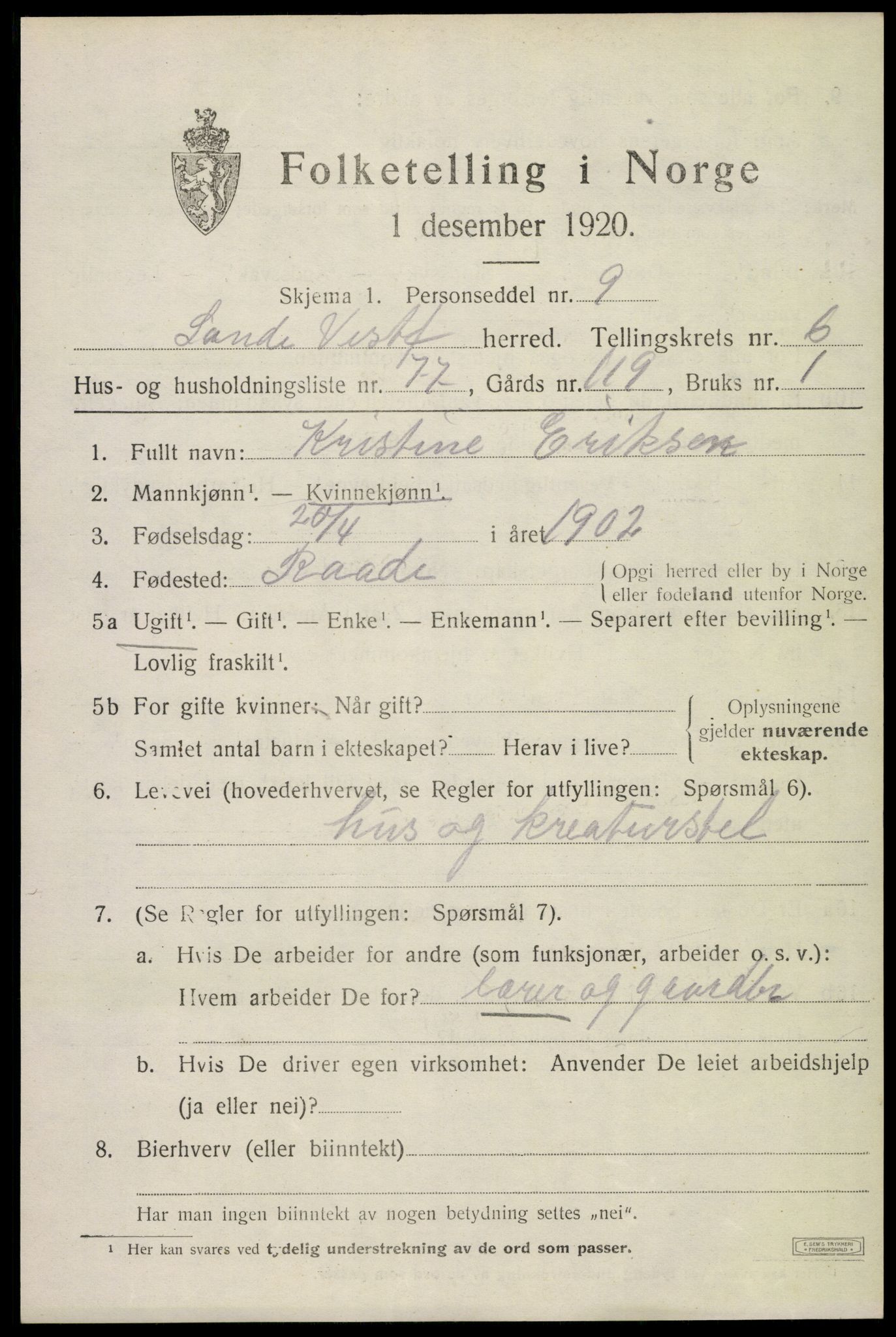 SAKO, 1920 census for Sande, 1920, p. 8072