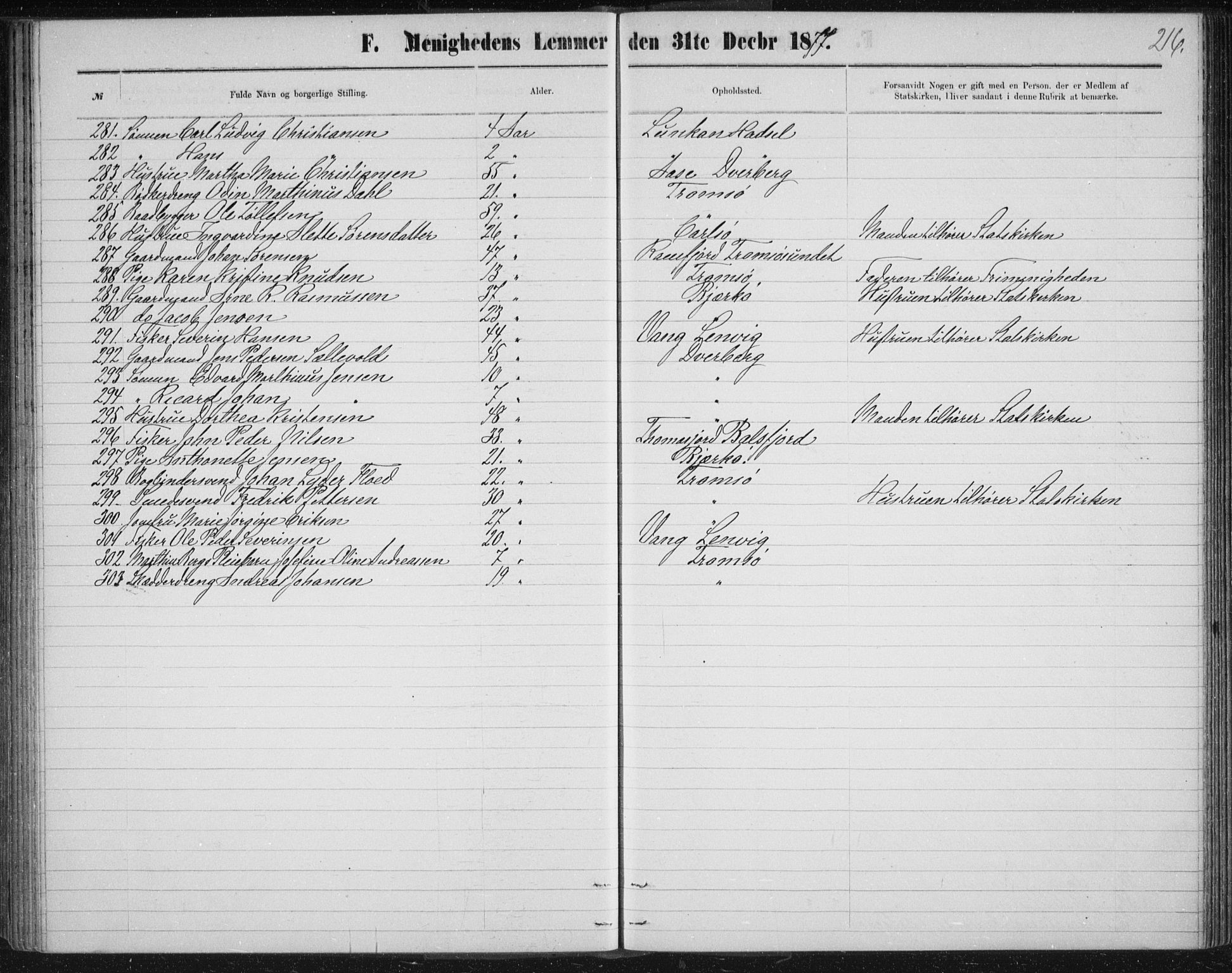 Uten arkivreferanse, SATØ/-: Dissenter register no. DP 3, 1871-1893, p. 216