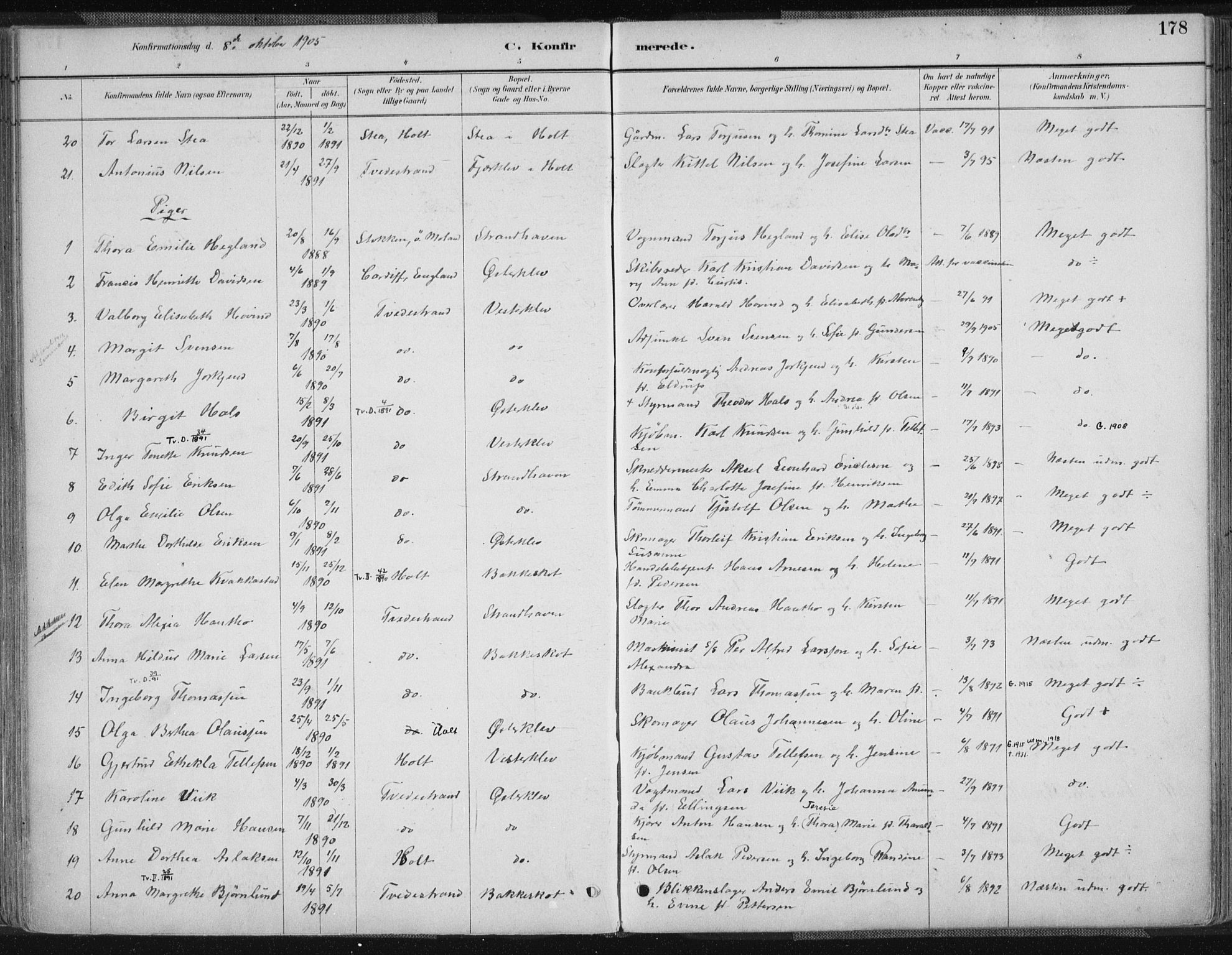 Tvedestrand sokneprestkontor, AV/SAK-1111-0042/F/Fa/L0001: Parish register (official) no. A 1, 1885-1916, p. 178