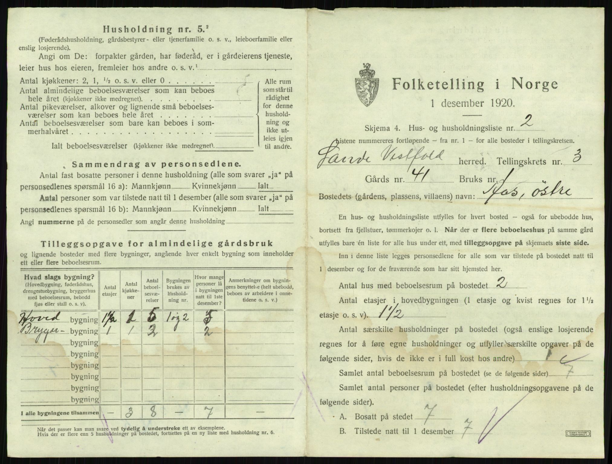 SAKO, 1920 census for Sande, 1920, p. 497