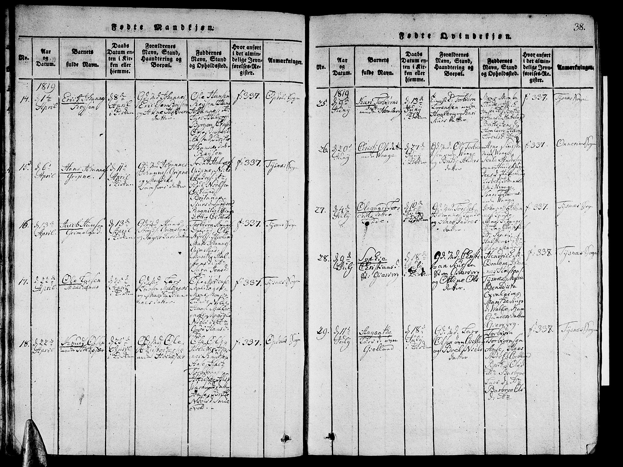 Tysnes sokneprestembete, SAB/A-78601/H/Hab: Parish register (copy) no. A 1, 1816-1828, p. 38