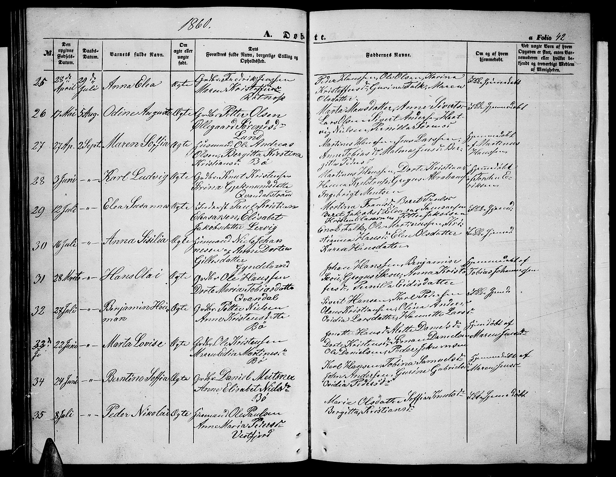 Ministerialprotokoller, klokkerbøker og fødselsregistre - Nordland, SAT/A-1459/855/L0814: Parish register (copy) no. 855C03, 1851-1864, p. 42