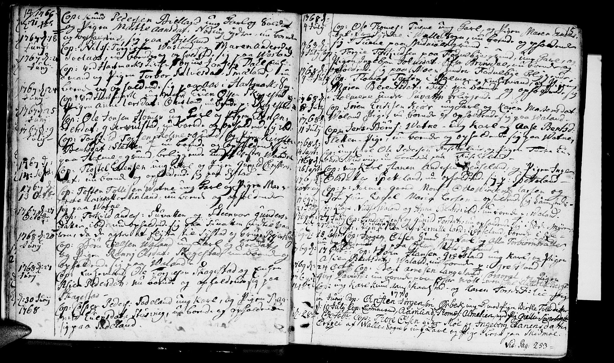 Holum sokneprestkontor, AV/SAK-1111-0022/F/Fa/Faa/L0002: Parish register (official) no. A 2, 1756-1780, p. 14-15