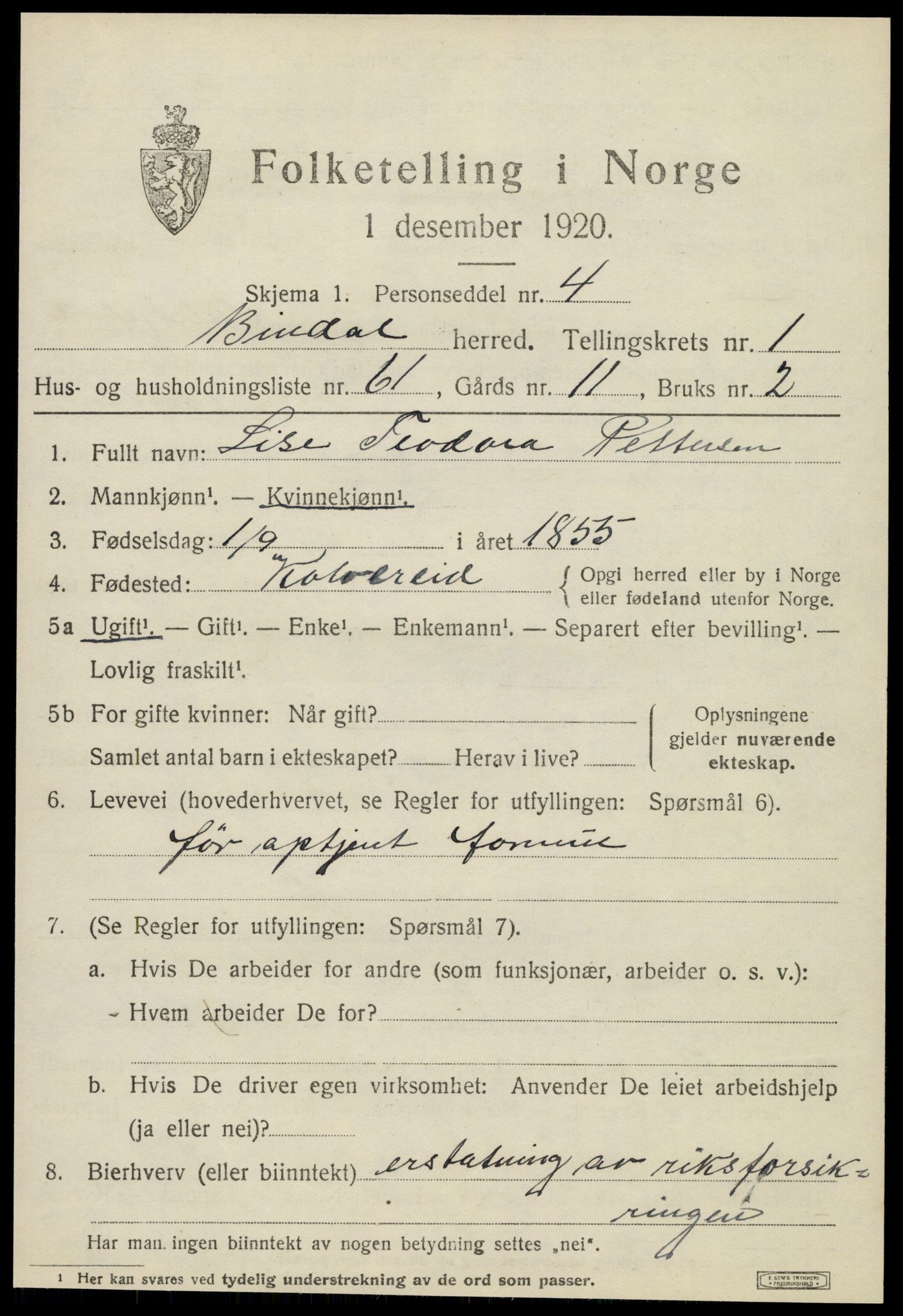 SAT, 1920 census for Bindal, 1920, p. 1785