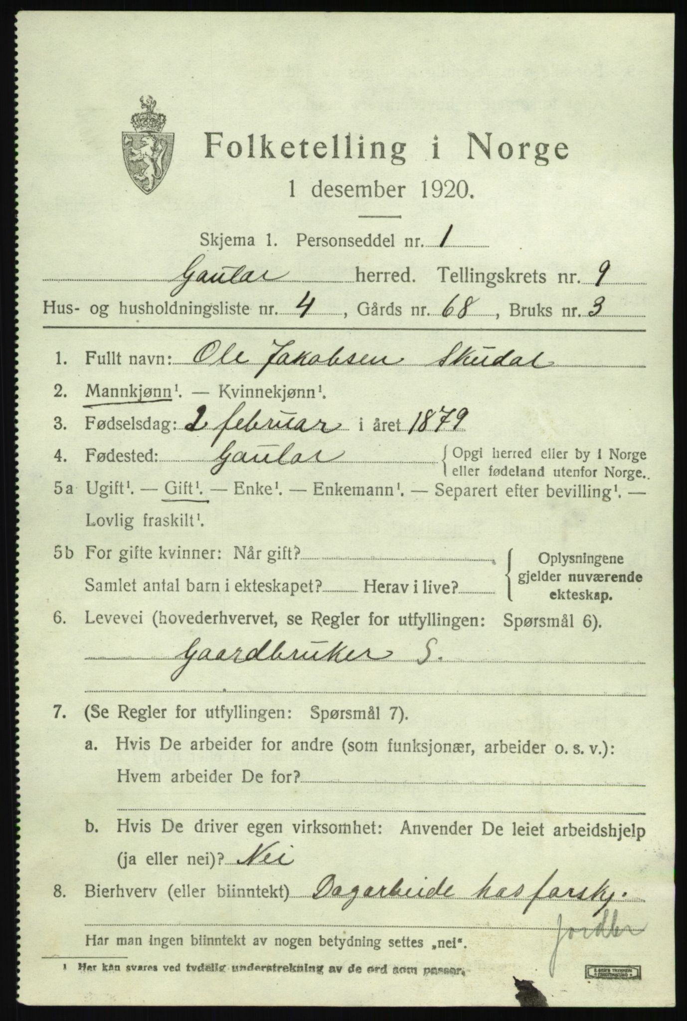 SAB, 1920 census for Gaular, 1920, p. 4172