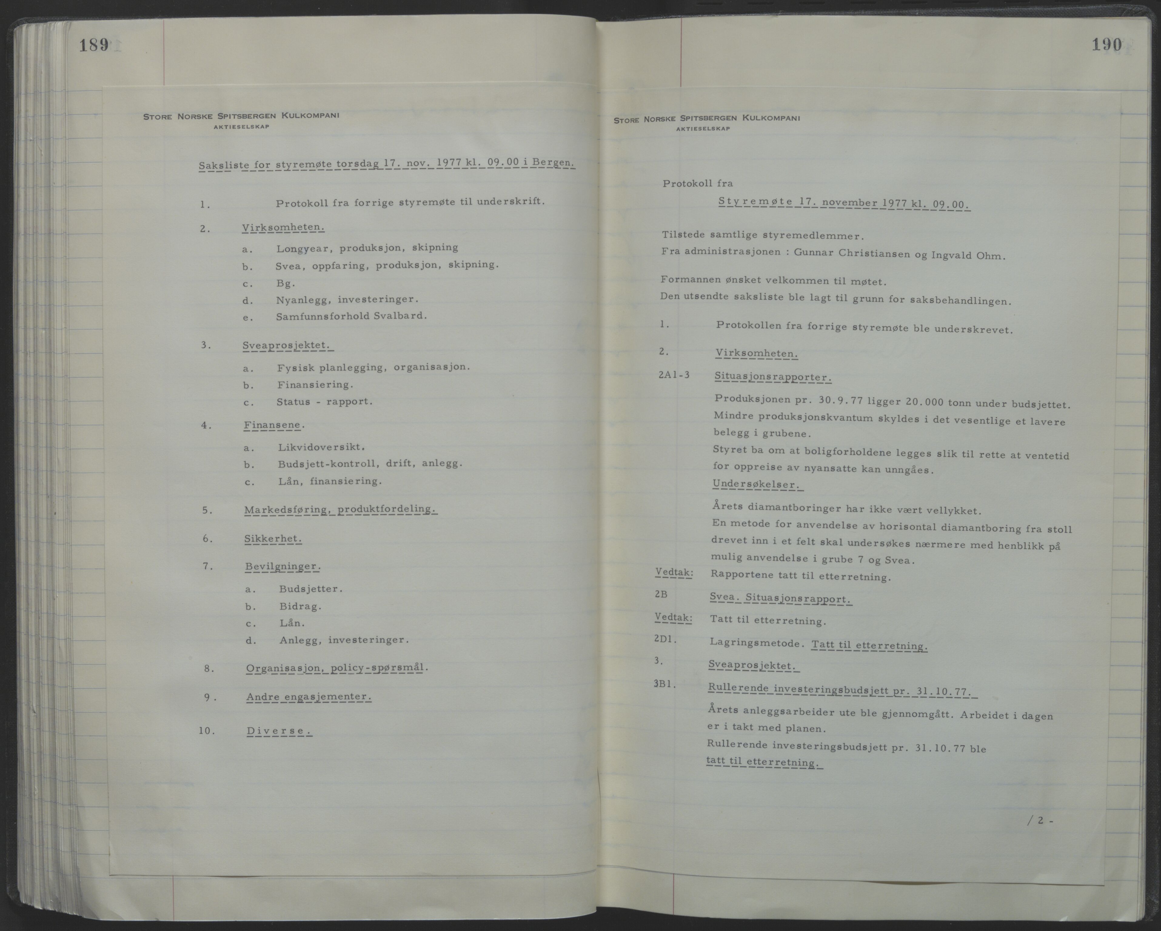Store Norske Spitsbergen Kulkompani A/S, AV/SATØ-P-0073/09/A/Ab/Aba/L0001: Styreprotokoll 6, 1970-1979, p. 189-190