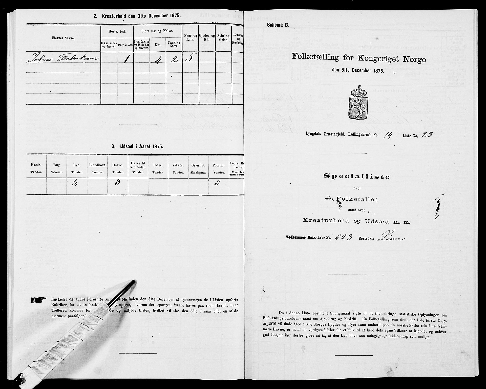 SAK, 1875 census for 1032P Lyngdal, 1875, p. 2071