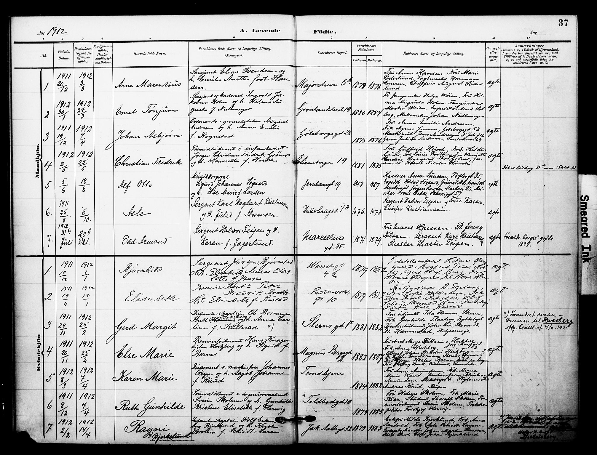 Garnisonsmenigheten Kirkebøker, SAO/A-10846/F/Fa/L0014: Parish register (official) no. 14, 1905-1914, p. 37
