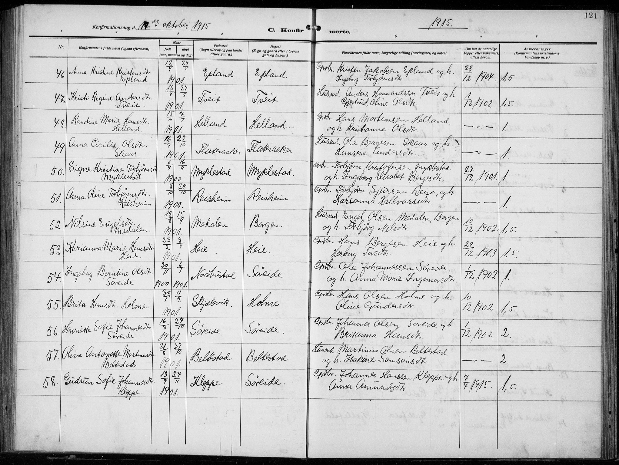Tysnes sokneprestembete, AV/SAB-A-78601/H/Hab: Parish register (copy) no. E  4, 1912-1936, p. 121