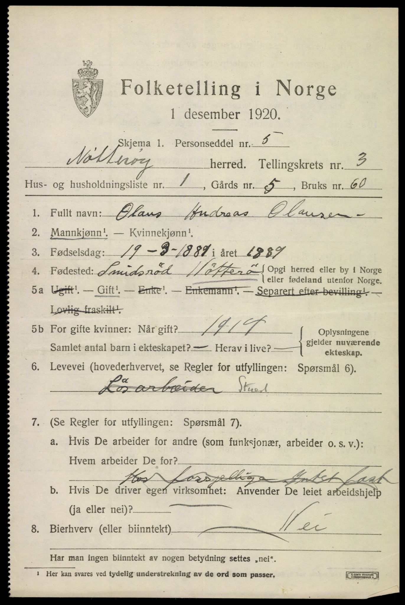 SAKO, 1920 census for Nøtterøy, 1920, p. 5571