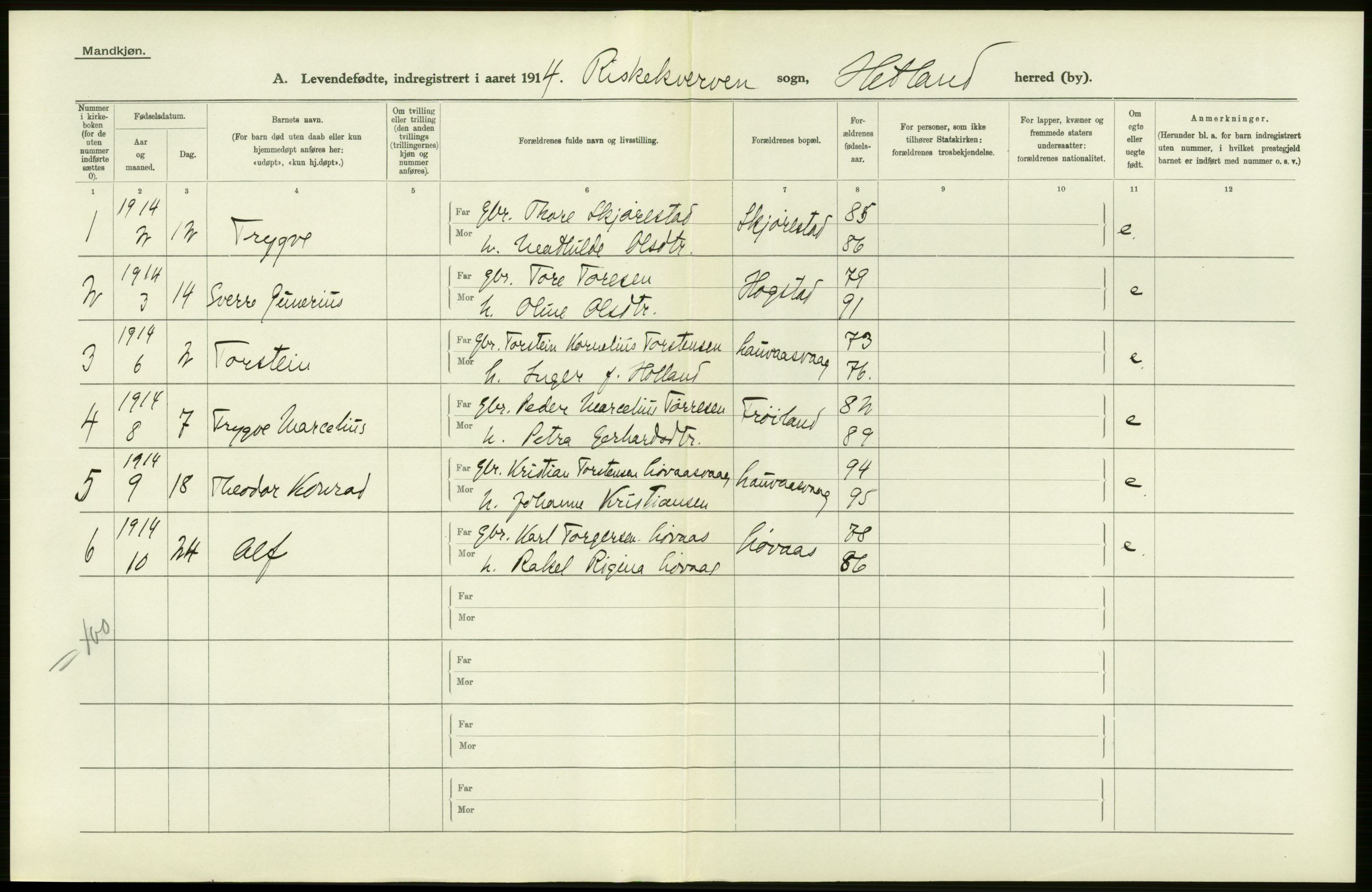 Statistisk sentralbyrå, Sosiodemografiske emner, Befolkning, AV/RA-S-2228/D/Df/Dfb/Dfbd/L0024: Stavanger amt: Levendefødte menn og kvinner. Bygder., 1914, p. 26