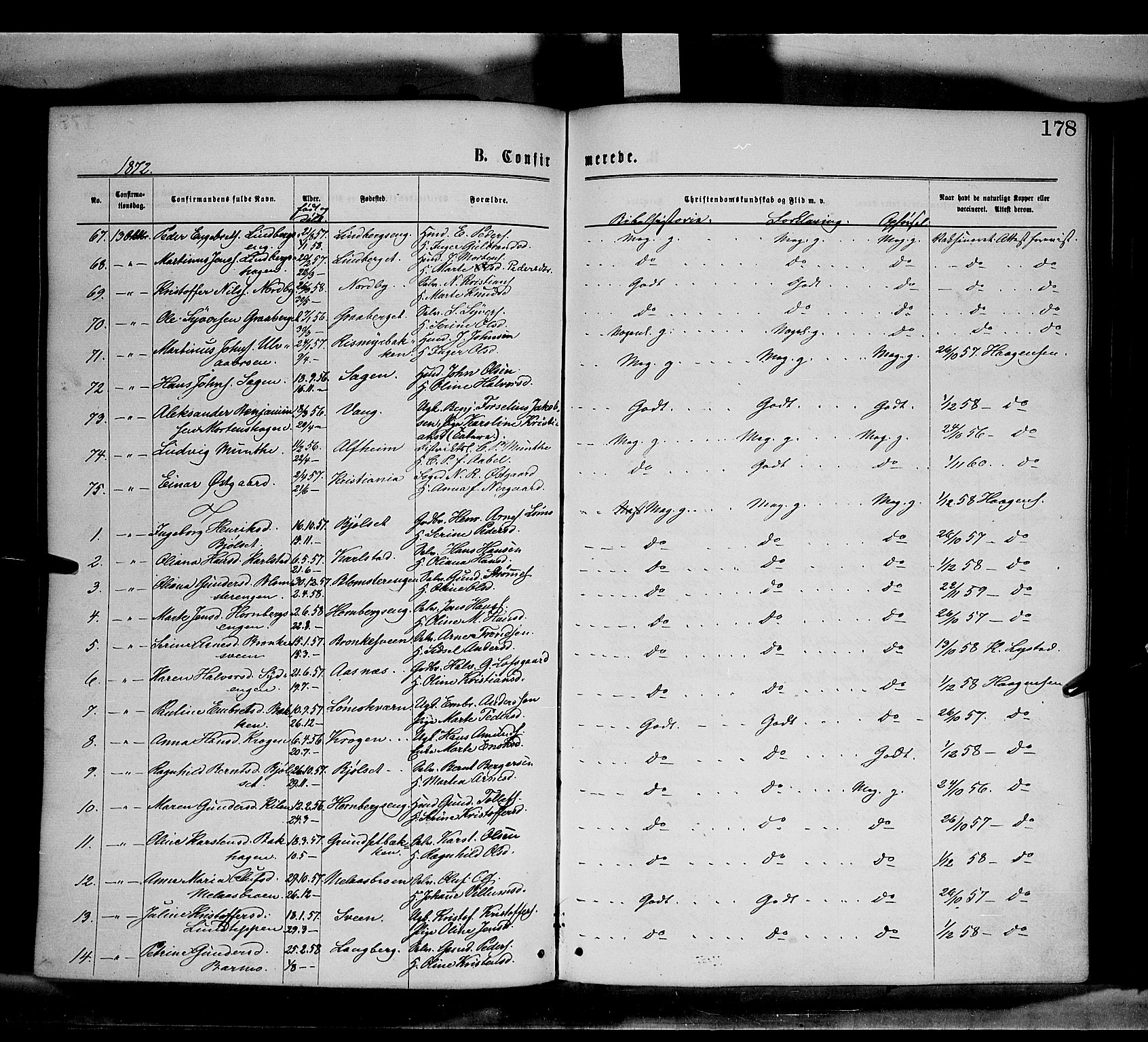 Elverum prestekontor, AV/SAH-PREST-044/H/Ha/Haa/L0011: Parish register (official) no. 11, 1869-1879, p. 178