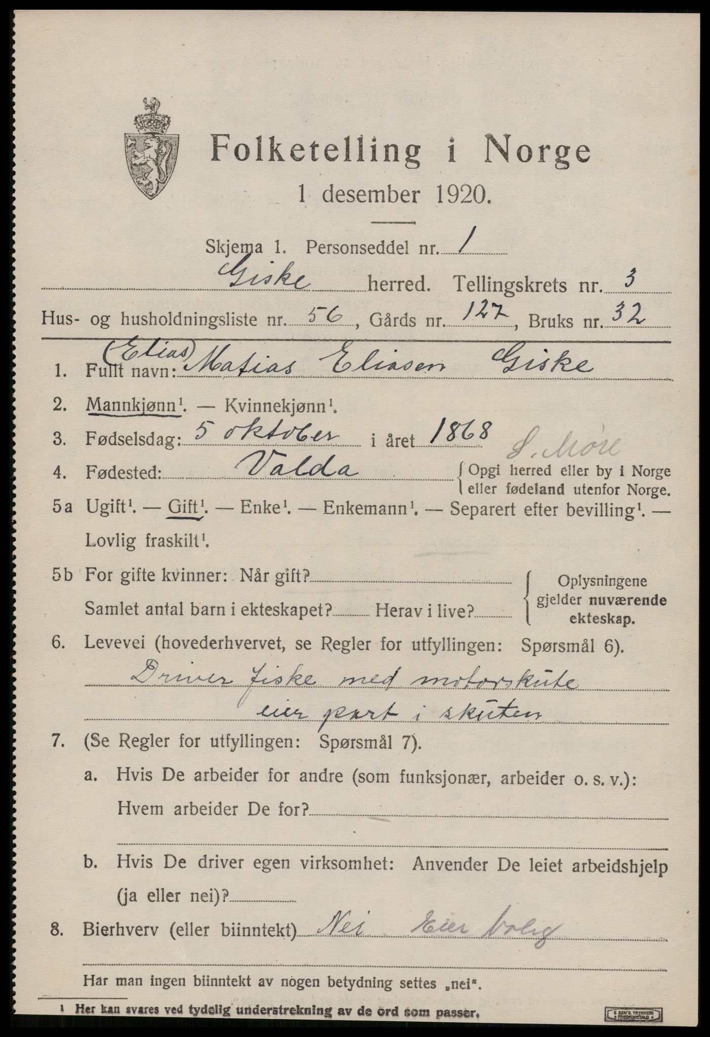SAT, 1920 census for Giske, 1920, p. 2602