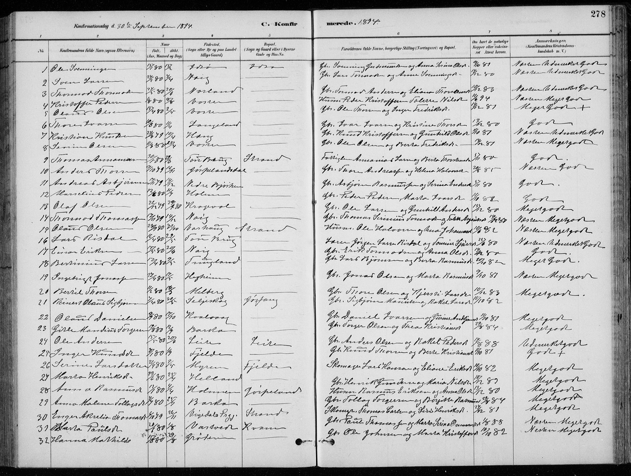 Strand sokneprestkontor, AV/SAST-A-101828/H/Ha/Hab/L0004: Parish register (copy) no. B 4, 1878-1903, p. 278