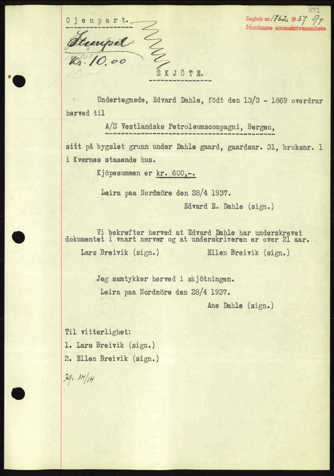 Nordmøre sorenskriveri, AV/SAT-A-4132/1/2/2Ca: Mortgage book no. A81, 1937-1937, Diary no: : 1762/1937