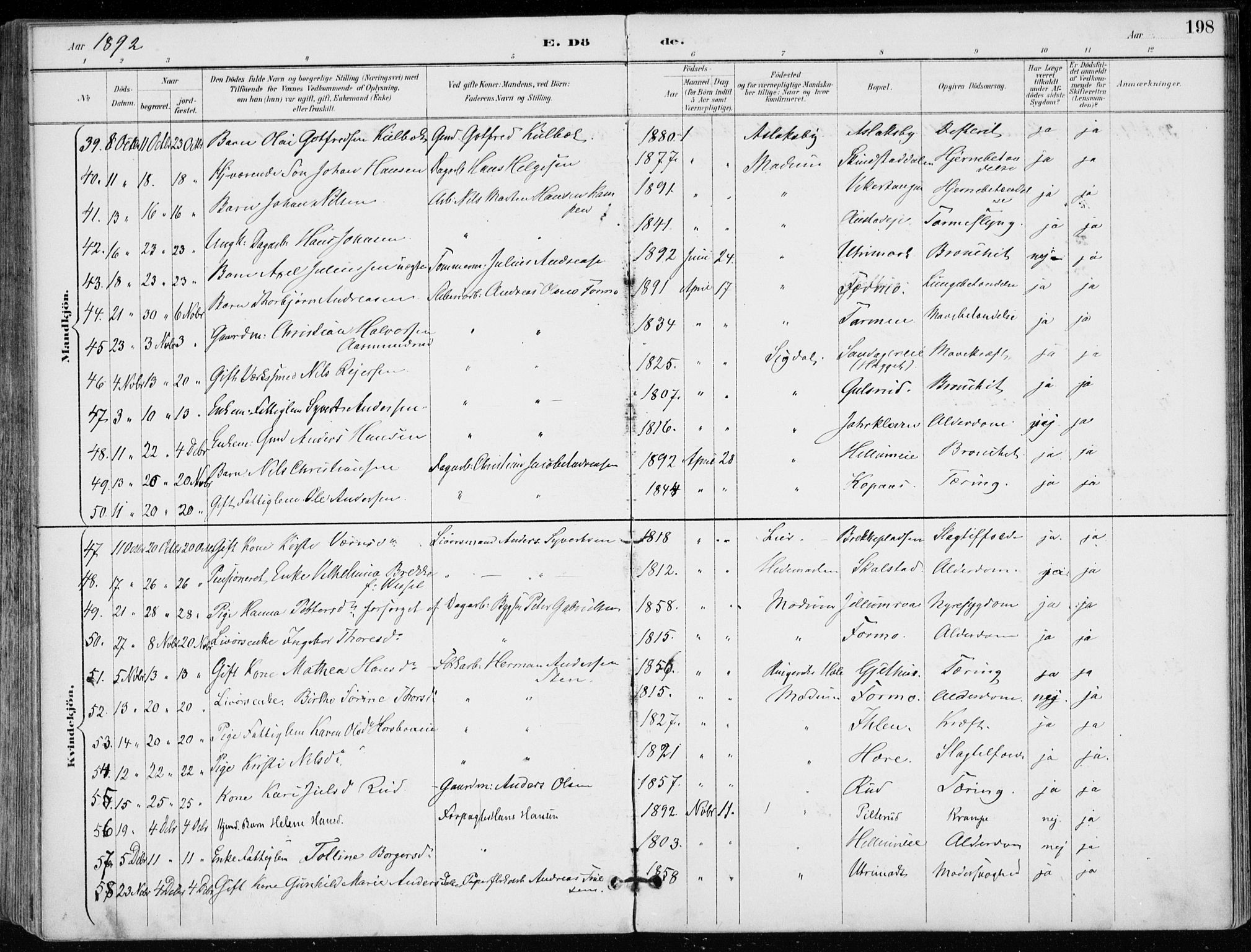 Modum kirkebøker, AV/SAKO-A-234/F/Fa/L0012: Parish register (official) no. 12, 1890-1898, p. 198