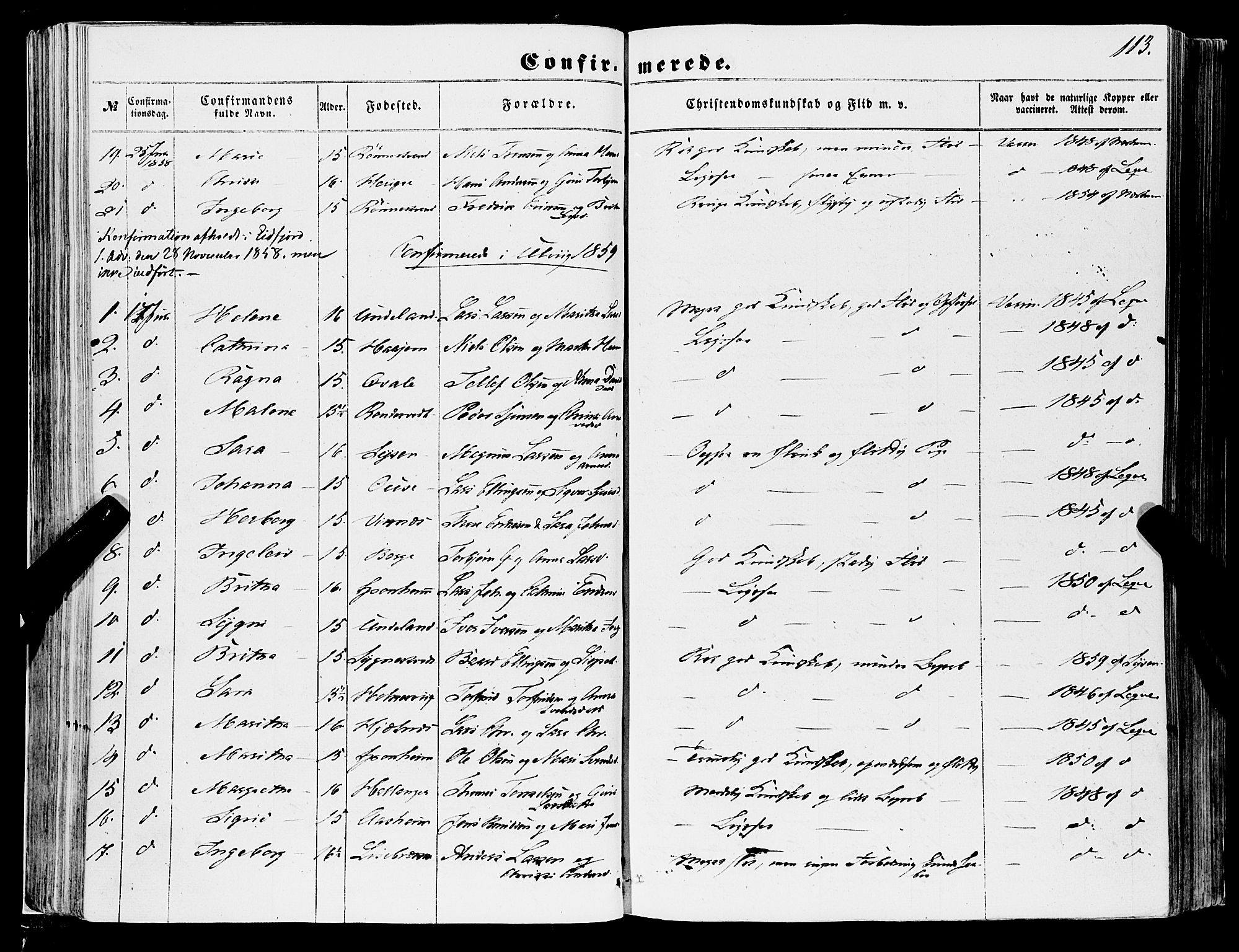 Ulvik sokneprestembete, SAB/A-78801/H/Haa: Parish register (official) no. A 13, 1853-1863, p. 113