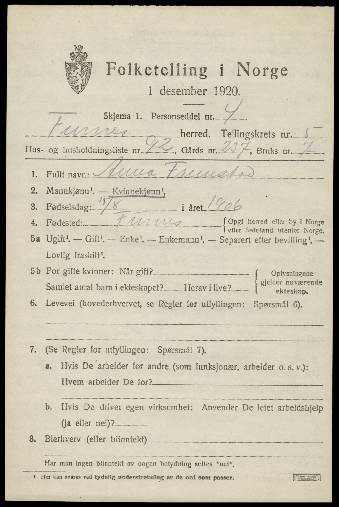 SAH, 1920 census for Furnes, 1920, p. 8171