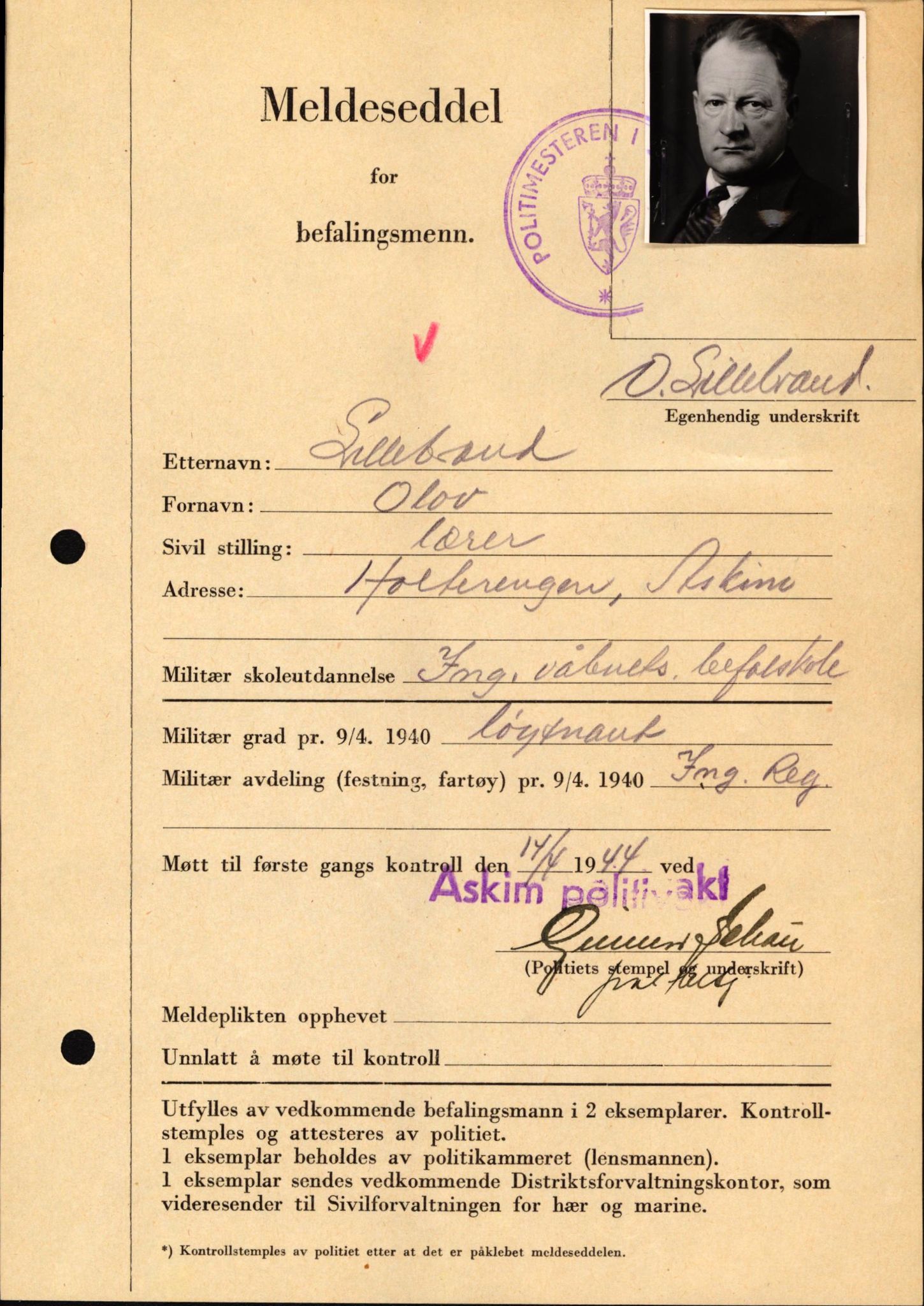 Forsvaret, Forsvarets krigshistoriske avdeling, AV/RA-RAFA-2017/Y/Yf/L0209: II-C-11-2121  -  Okkupasjonstiden.  Meldesedler for befal med foto og oppl. om militær grad 9. apr. 1940., 1944-1945, p. 87
