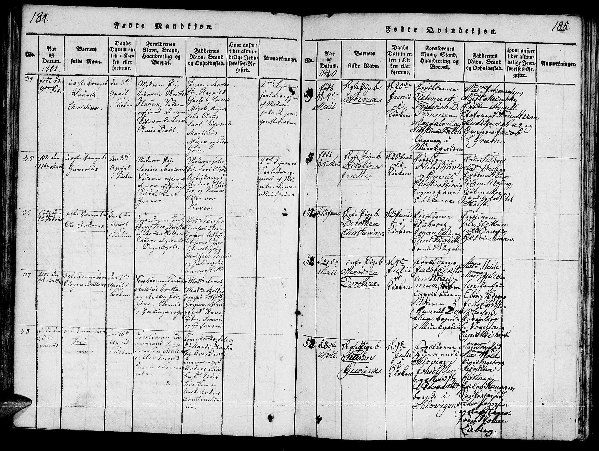 Ministerialprotokoller, klokkerbøker og fødselsregistre - Sør-Trøndelag, SAT/A-1456/601/L0043: Parish register (official) no. 601A11, 1815-1821, p. 184-185