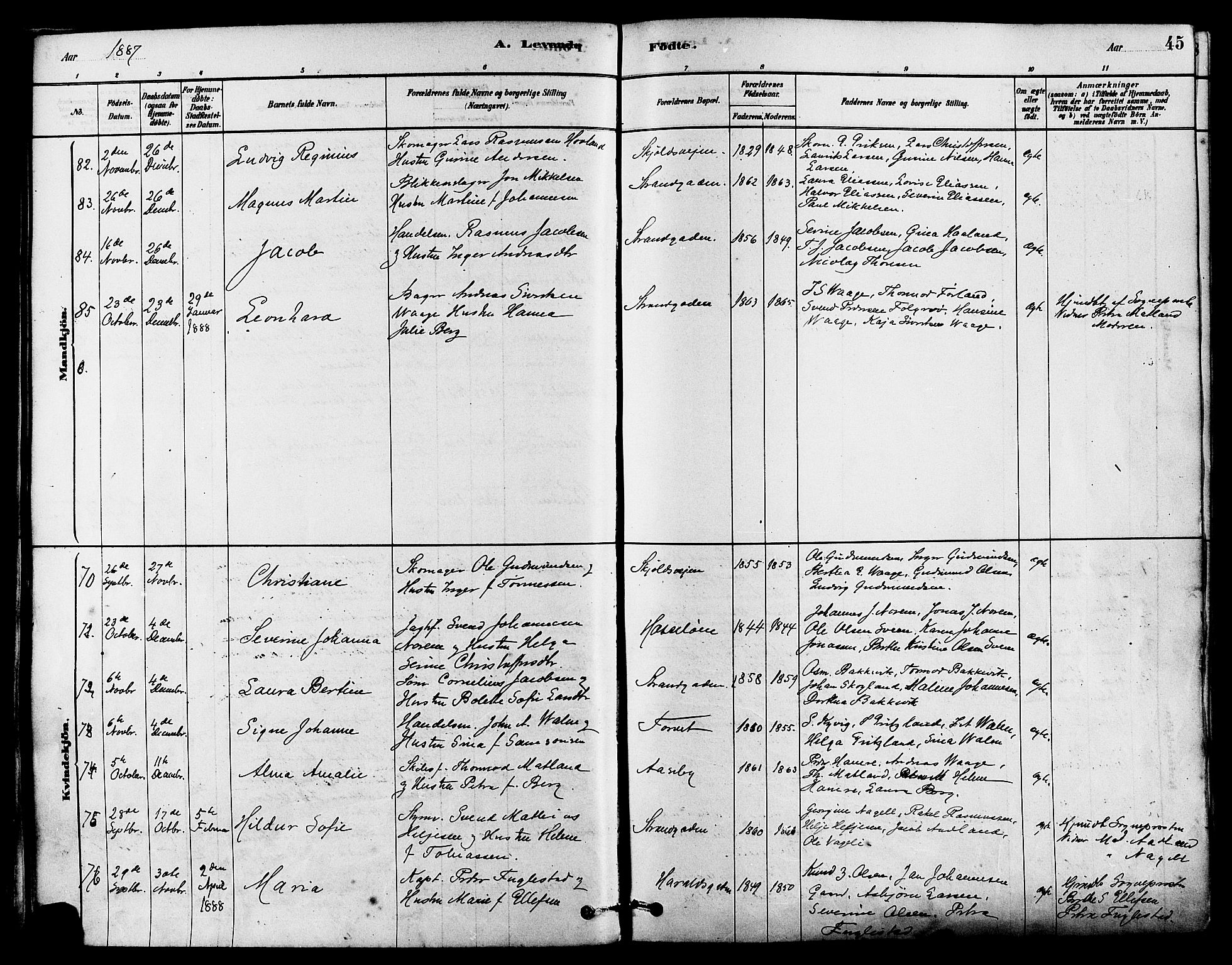 Haugesund sokneprestkontor, AV/SAST-A -101863/H/Ha/Haa/L0003: Parish register (official) no. A 3, 1885-1890, p. 45