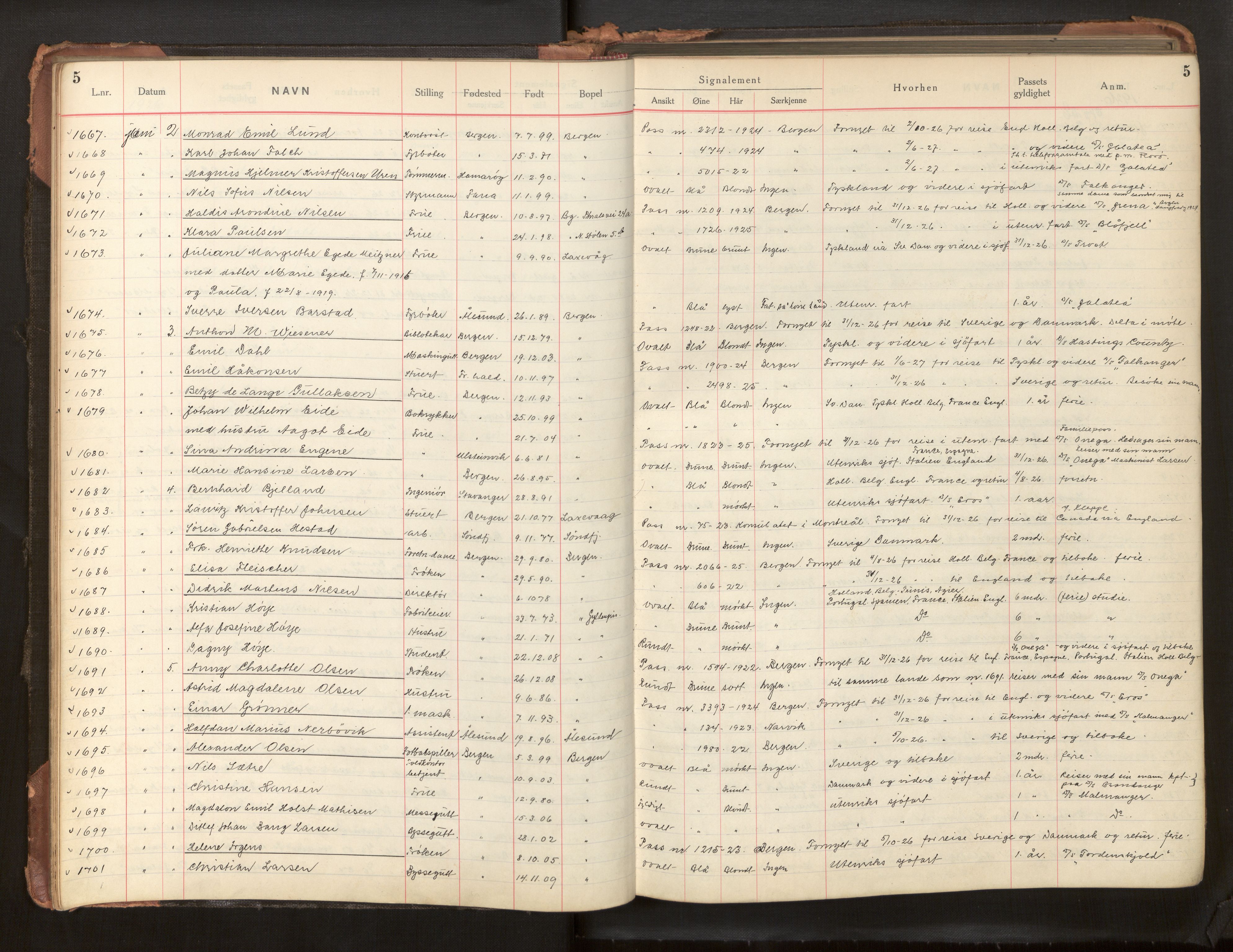 Bergen politikammer / politidistrikt, AV/SAB-A-60401/L/La/Lab/L0011: Passprotokoll, 1926-1928