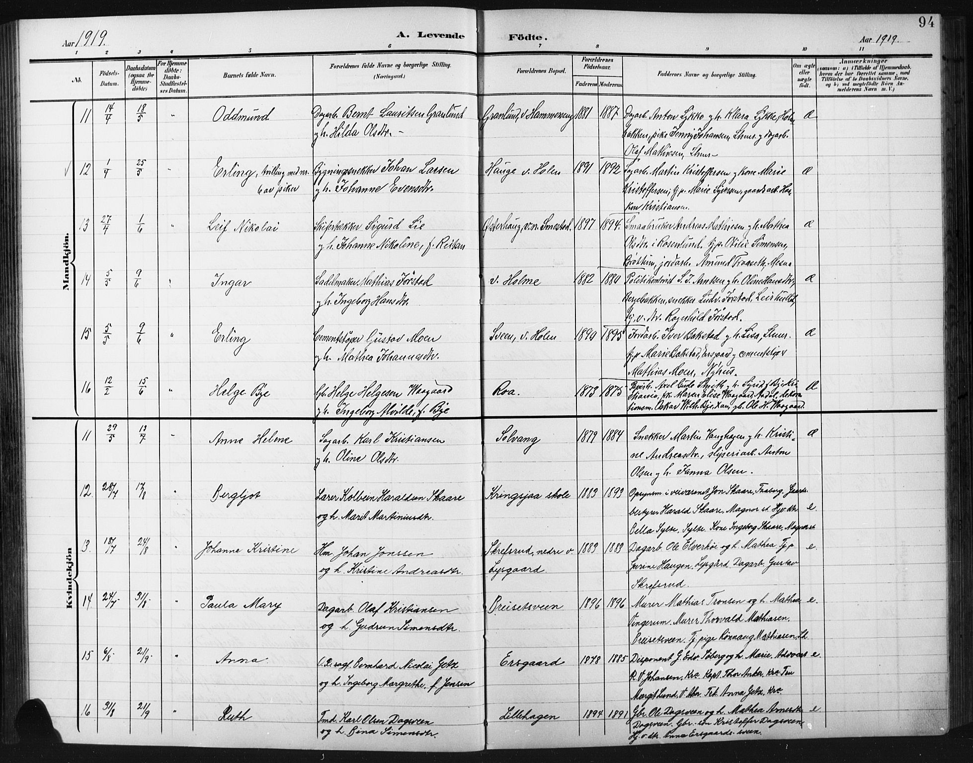 Fåberg prestekontor, SAH/PREST-086/H/Ha/Hab/L0012: Parish register (copy) no. 12, 1903-1924, p. 94