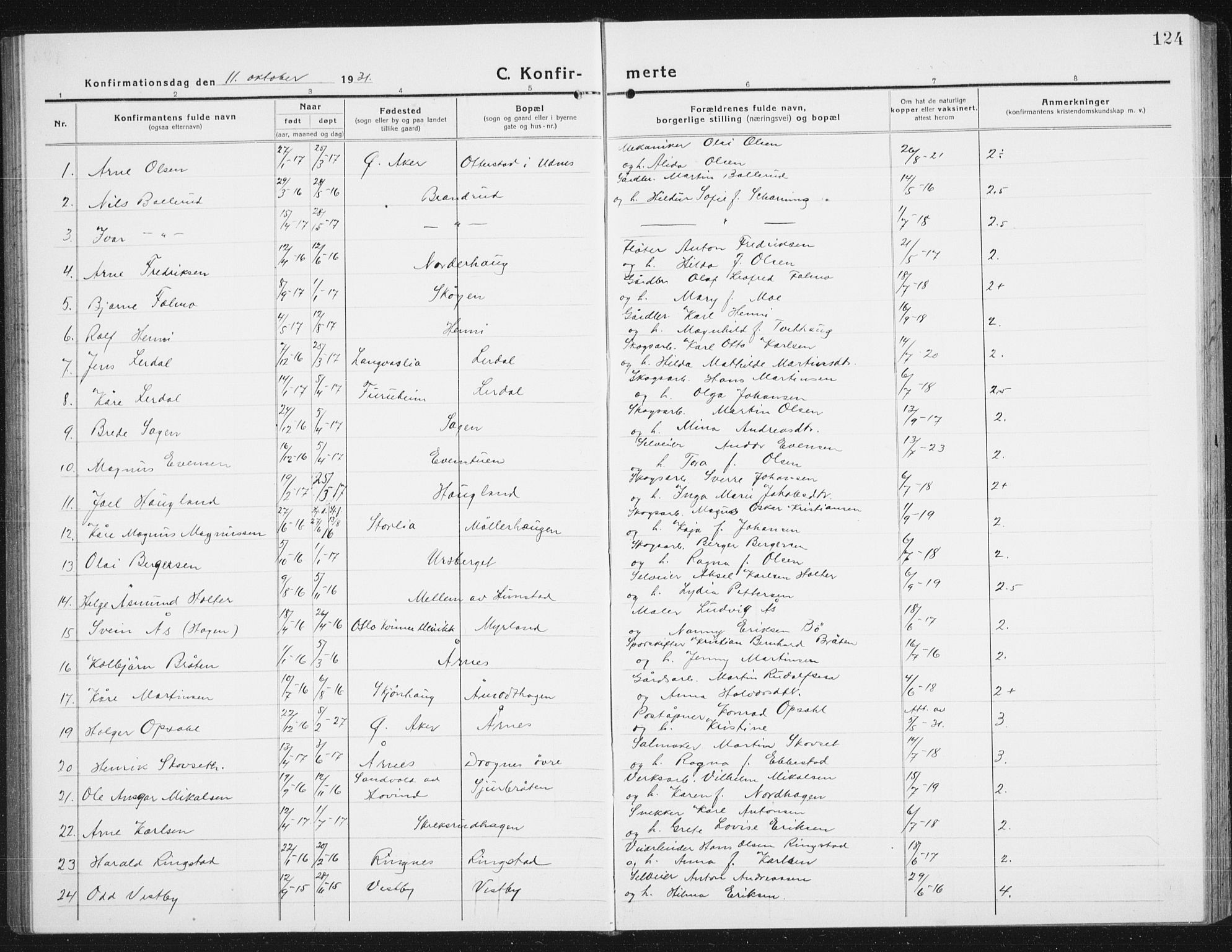 Nes prestekontor Kirkebøker, SAO/A-10410/G/Gc/L0002: Parish register (copy) no. III 2, 1915-1943, p. 124