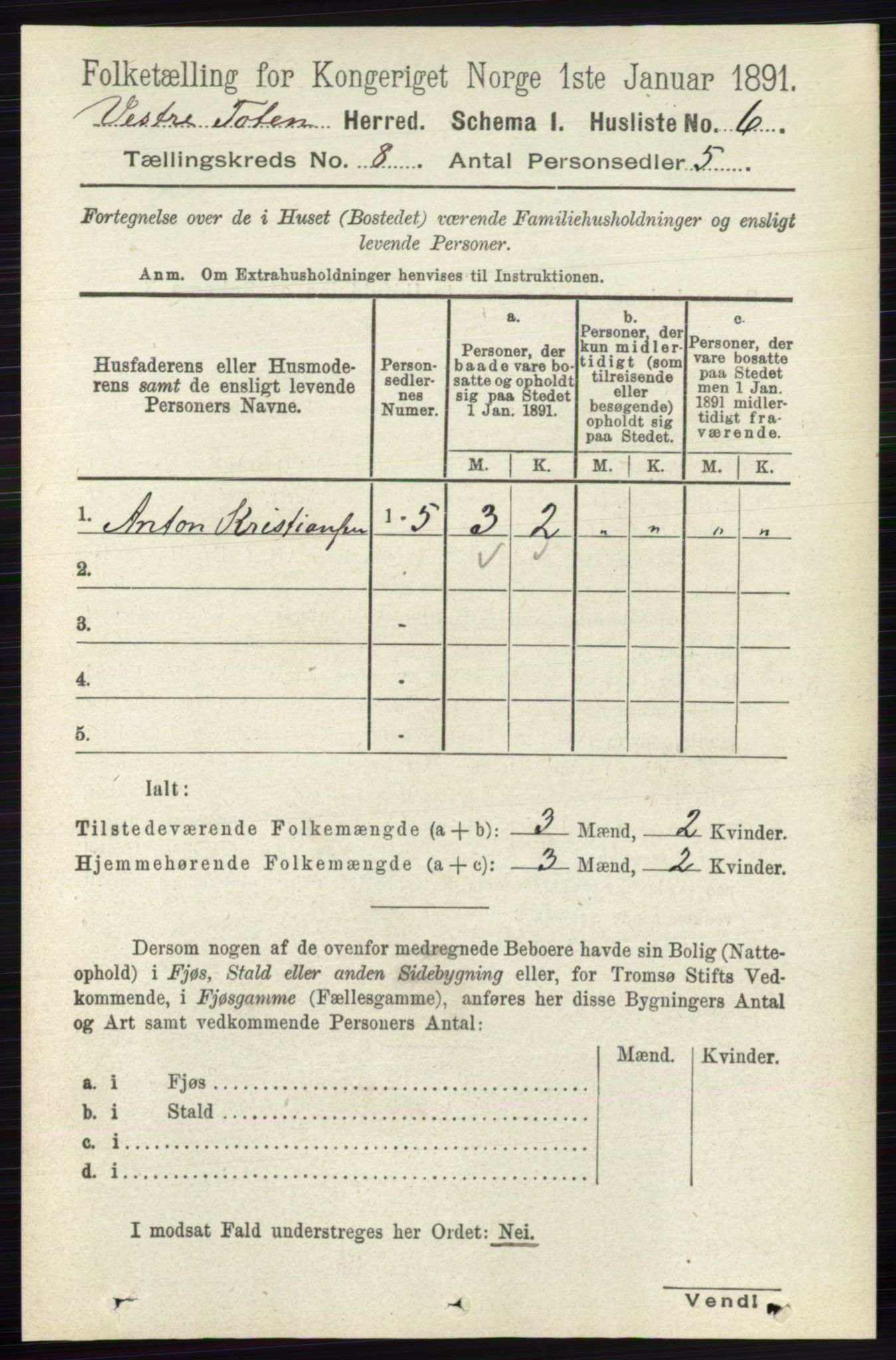 RA, 1891 census for 0529 Vestre Toten, 1891, p. 4920