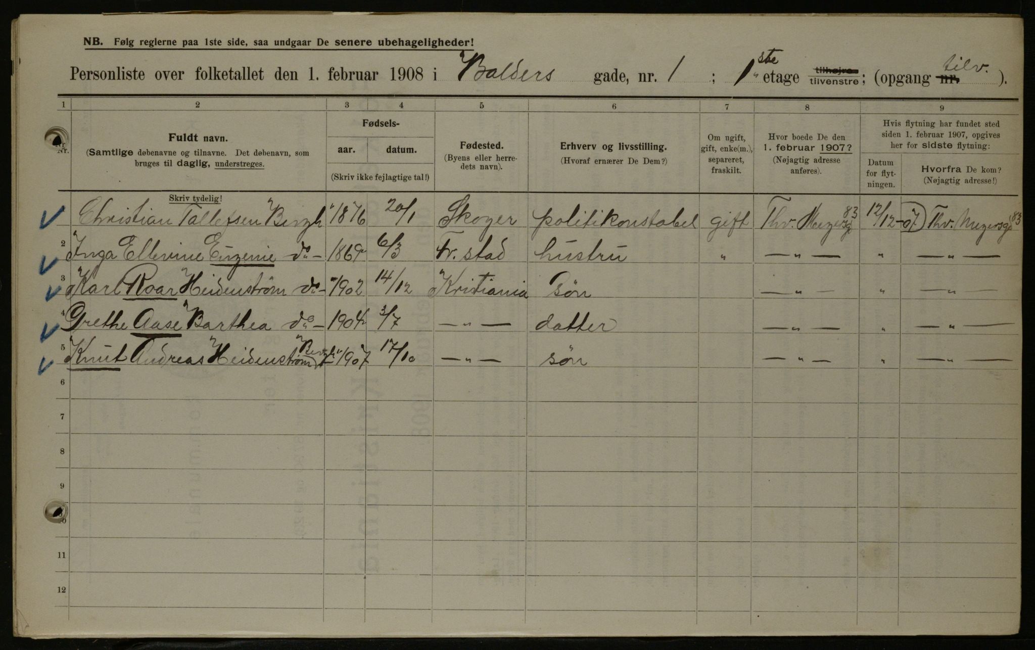 OBA, Municipal Census 1908 for Kristiania, 1908, p. 3076