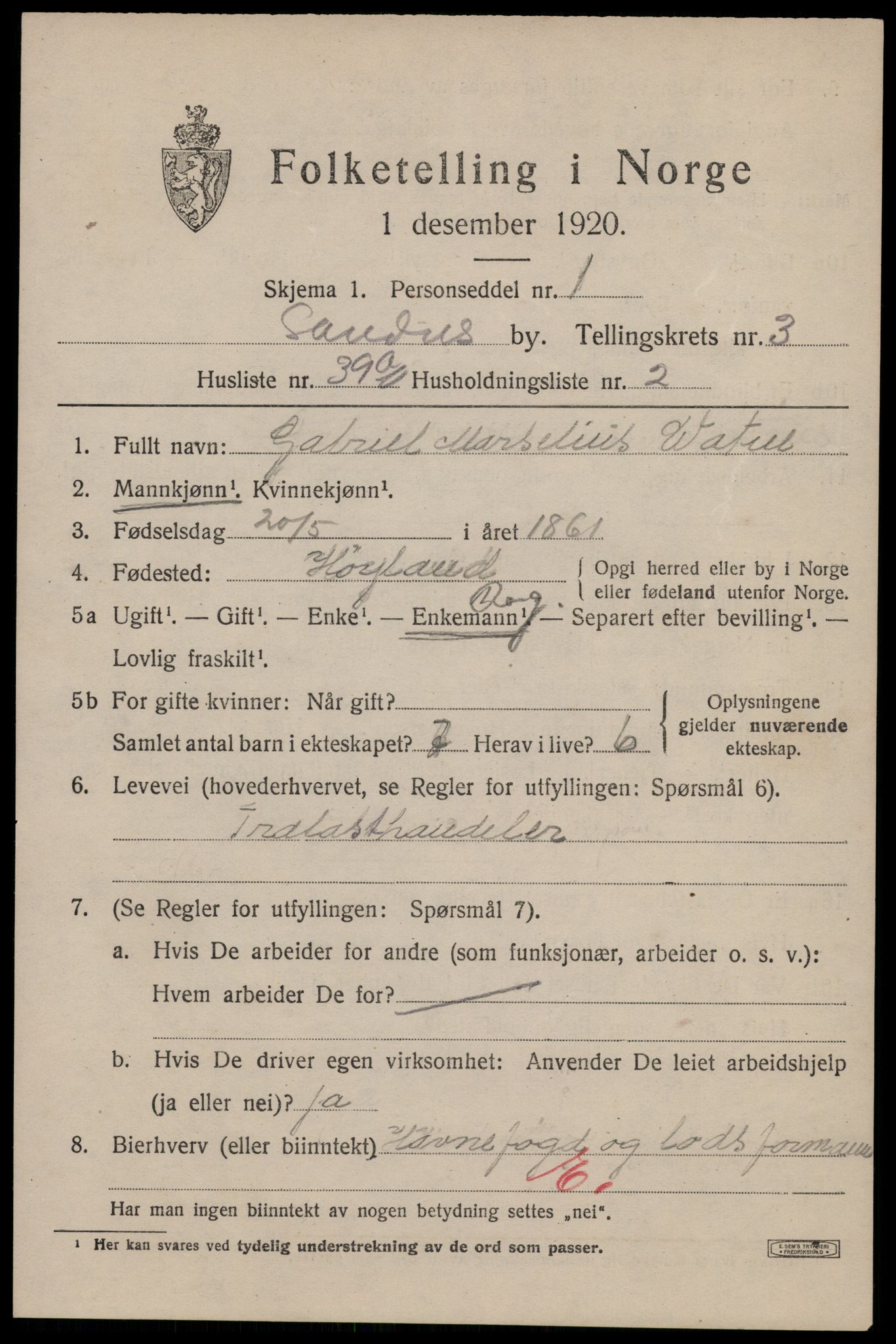 SAST, 1920 census for Sandnes, 1920, p. 4112