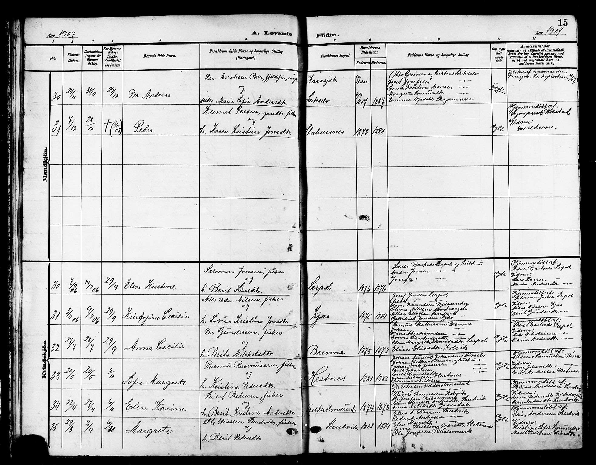 Kistrand/Porsanger sokneprestembete, SATØ/S-1351/H/Hb/L0006.klokk: Parish register (copy) no. 6, 1905-1917, p. 15