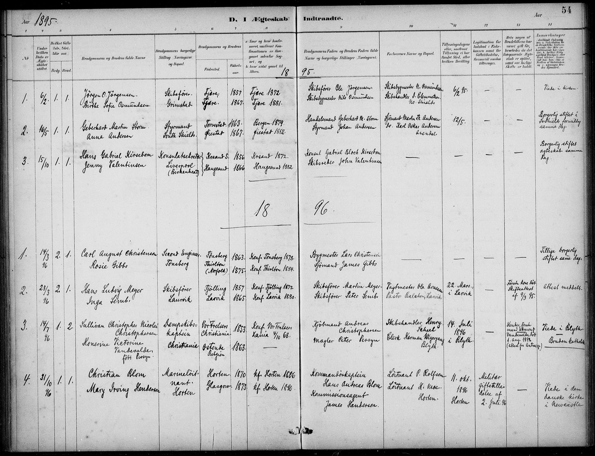 Den norske sjømannsmisjon i utlandet/Tyne-havnene (North Shields og New Castle), SAB/SAB/PA-0101/H/Ha/L0002: Parish register (official) no. A 2, 1883-1938, p. 54