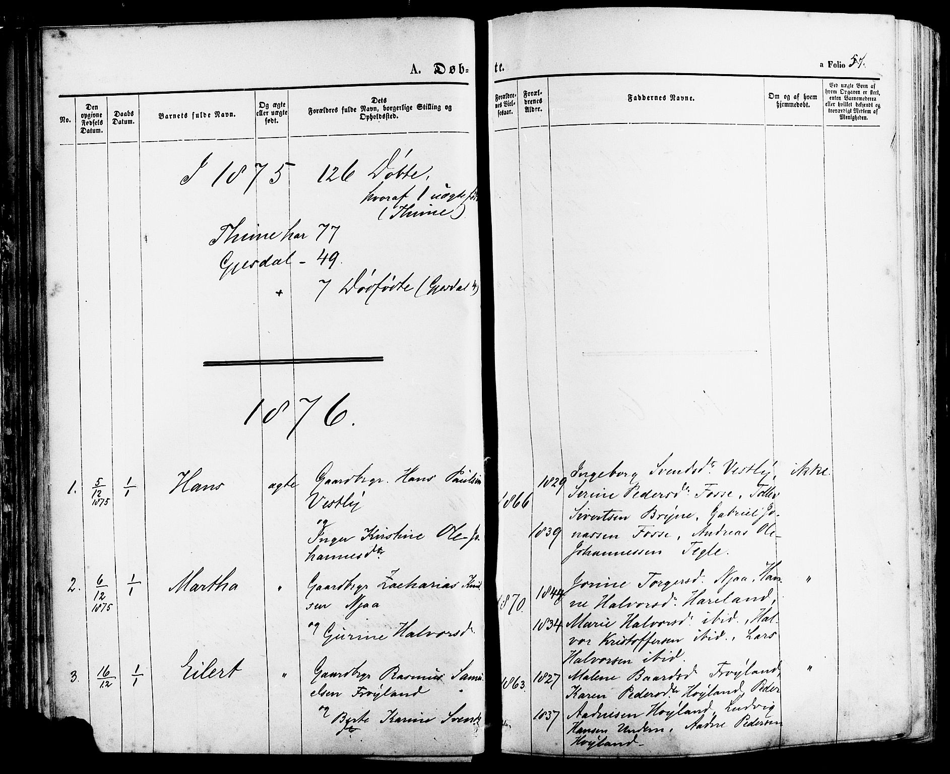 Lye sokneprestkontor, SAST/A-101794/001/30BA/L0008: Parish register (official) no. A 7, 1872-1881, p. 57